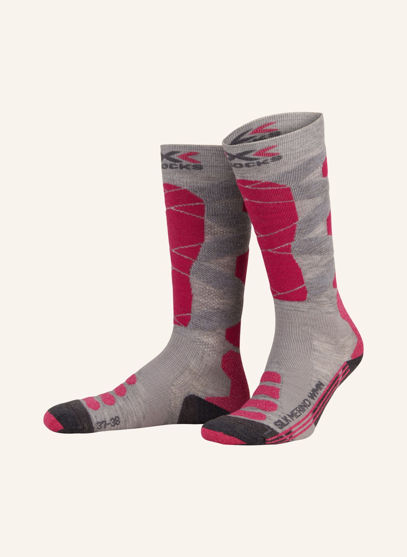 X-SOCKS Ski socks SKI SILK MERINO 4.0 with merino wool, Color: G144 GREY MELANGE/ PINK (Image 1)