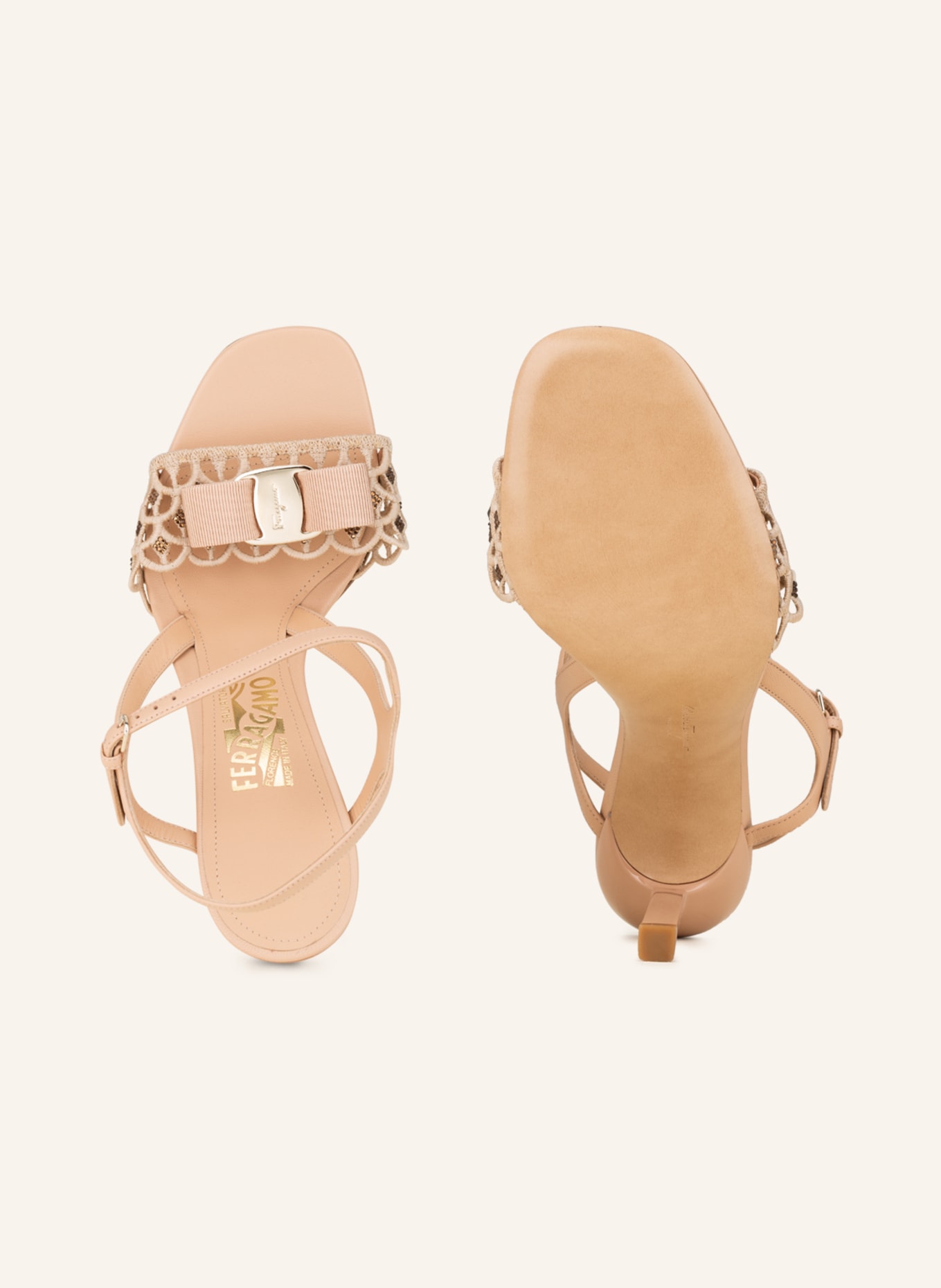 FERRAGAMO Sandals VARA with decorative gems and lace, Color: BEIGE (Image 5)