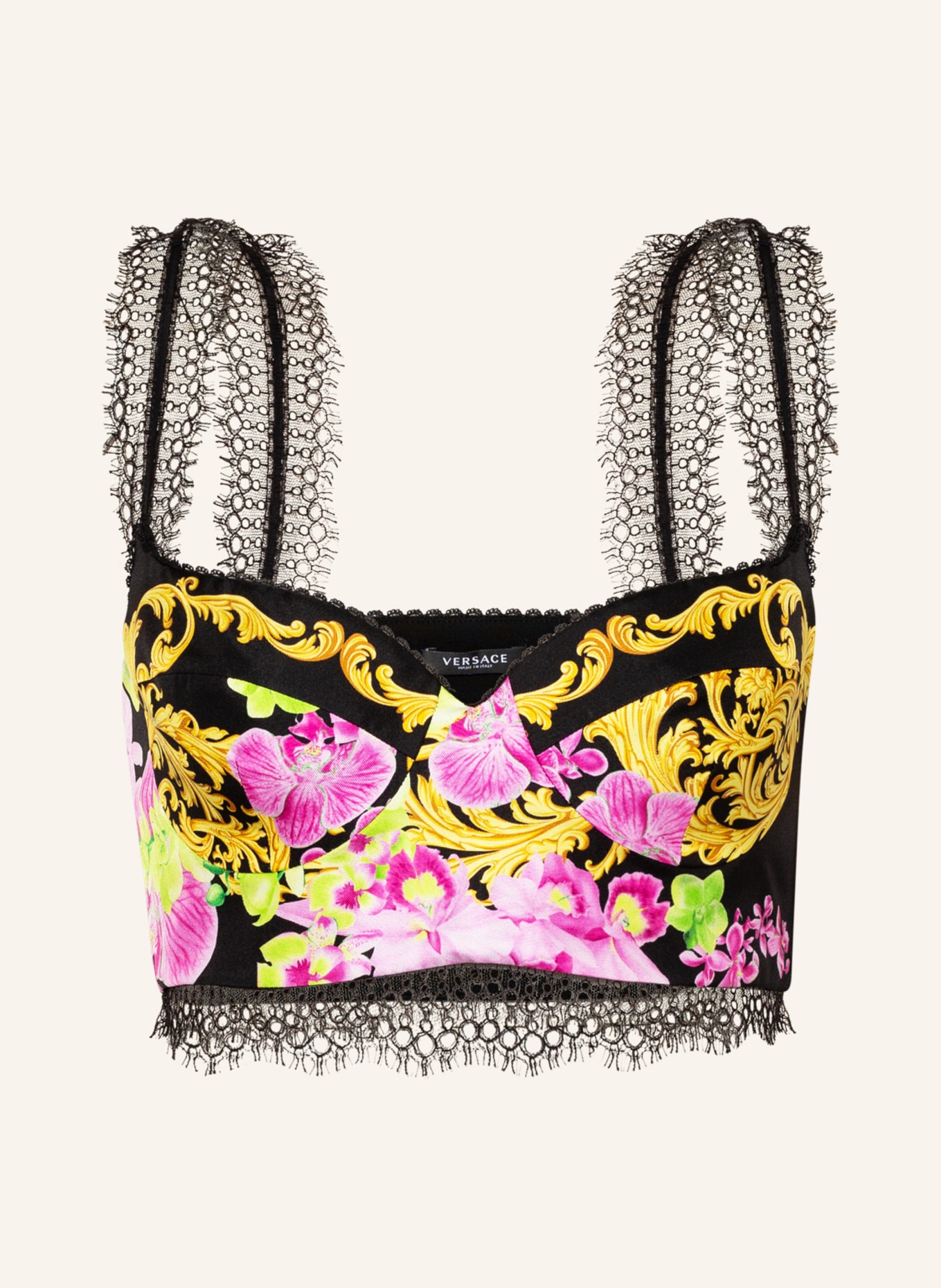 VERSACE Cropped top made of silk with lace, Color: BLACK/ YELLOW/ PINK (Image 1)