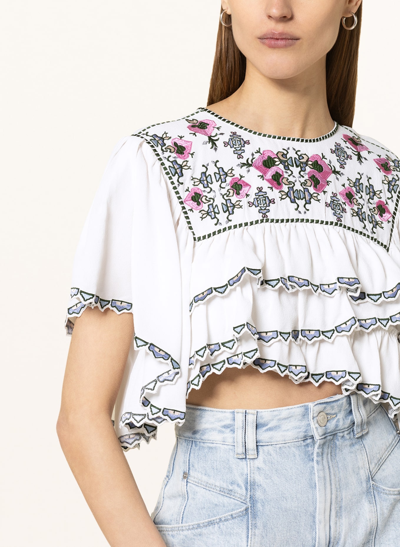 ISABEL MARANT Cropped shirt blouse SANA with ruffles and embroidery, Color: WHITE/ PURPLE/ GREEN (Image 4)