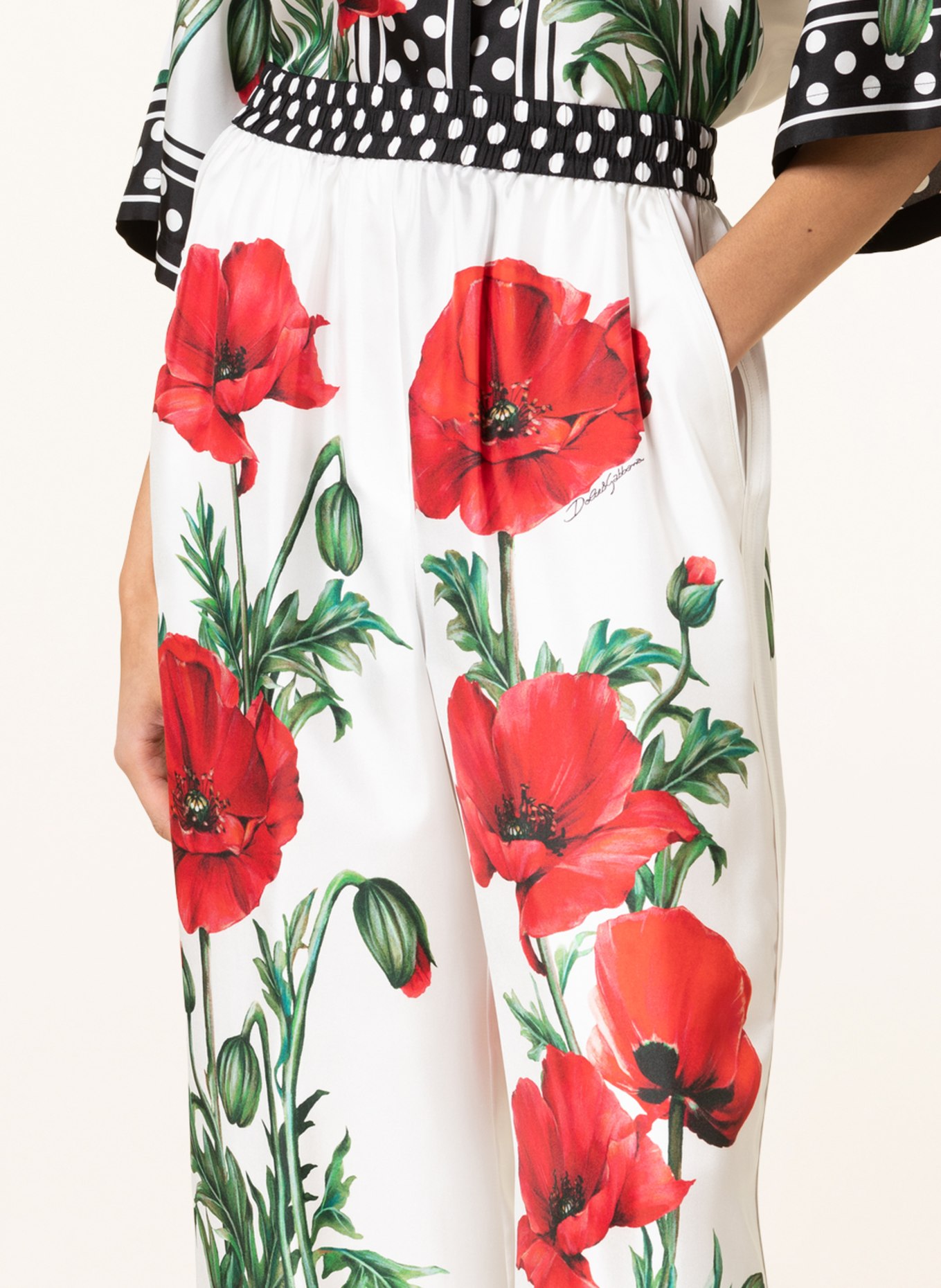 DOLCE & GABBANA Wide leg trousers made of silk, Color: WHITE/ BLACK/ RED (Image 5)