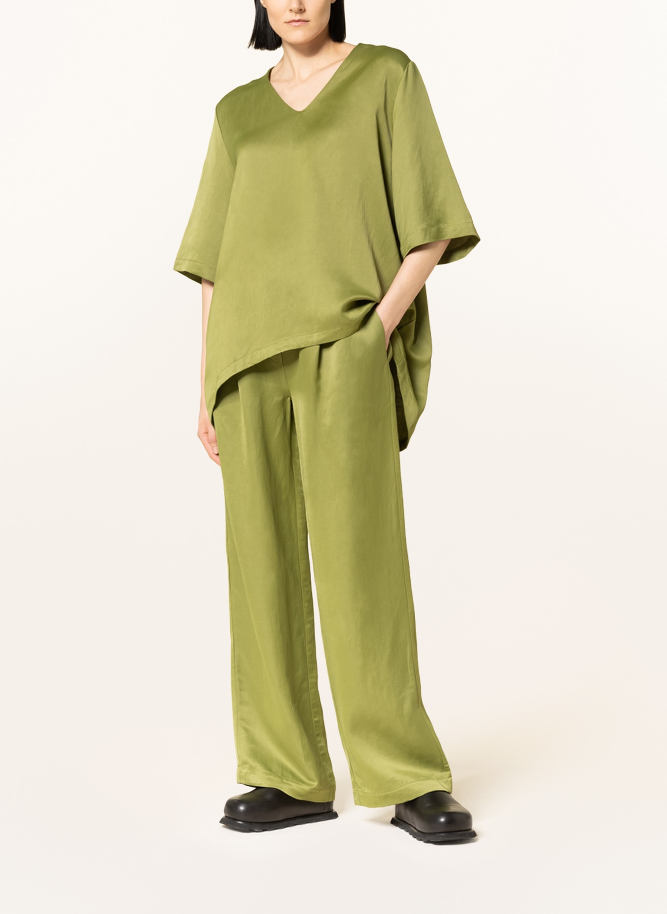 ayen Wide leg trousers with linen, Color: GREEN (Image 2)