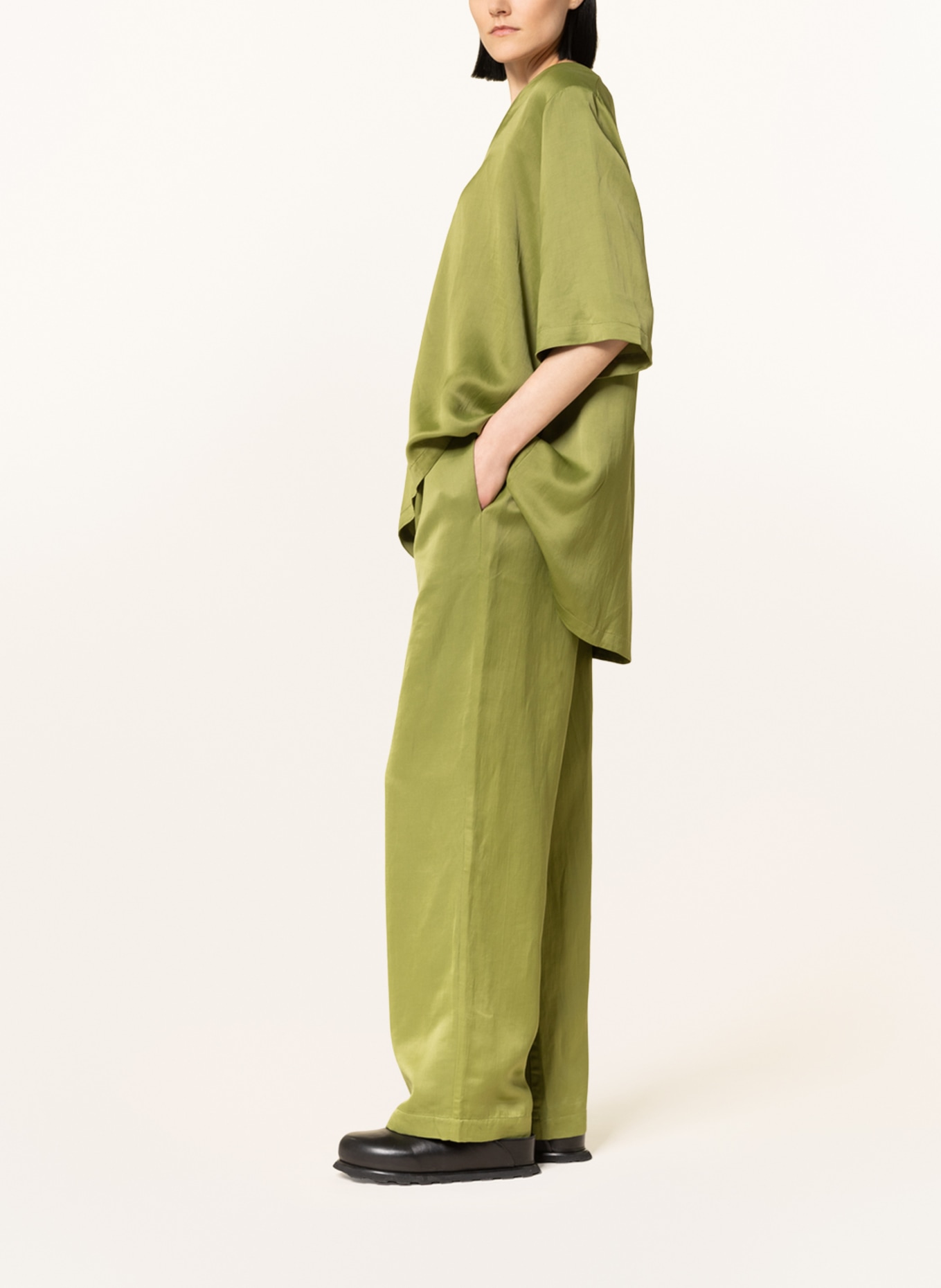 ayen Wide leg trousers with linen, Color: GREEN (Image 3)
