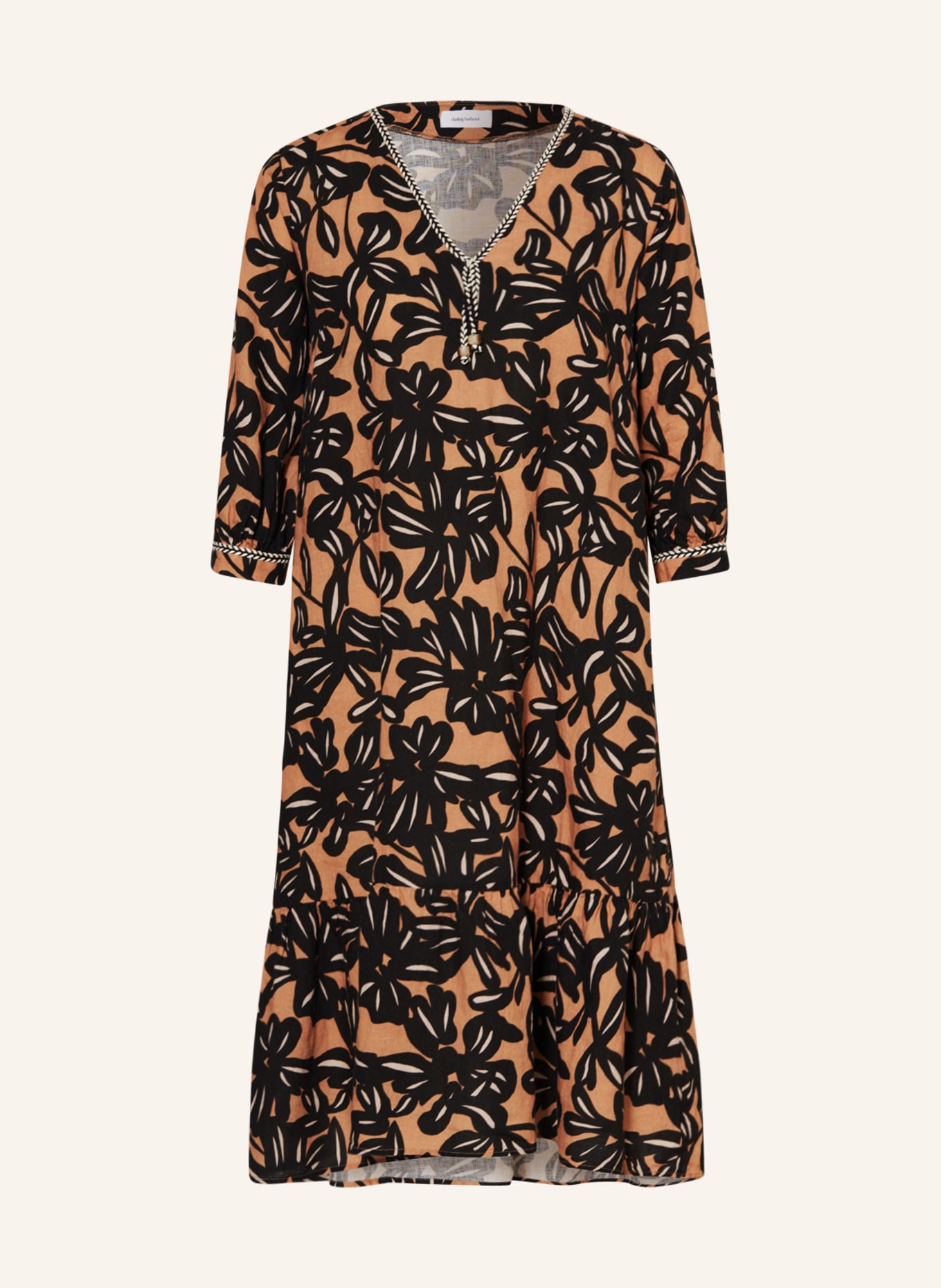 darling harbour Linen dress with 3/4 sleeves, Color: LIGHT BROWN/ BLACK (Image 1)