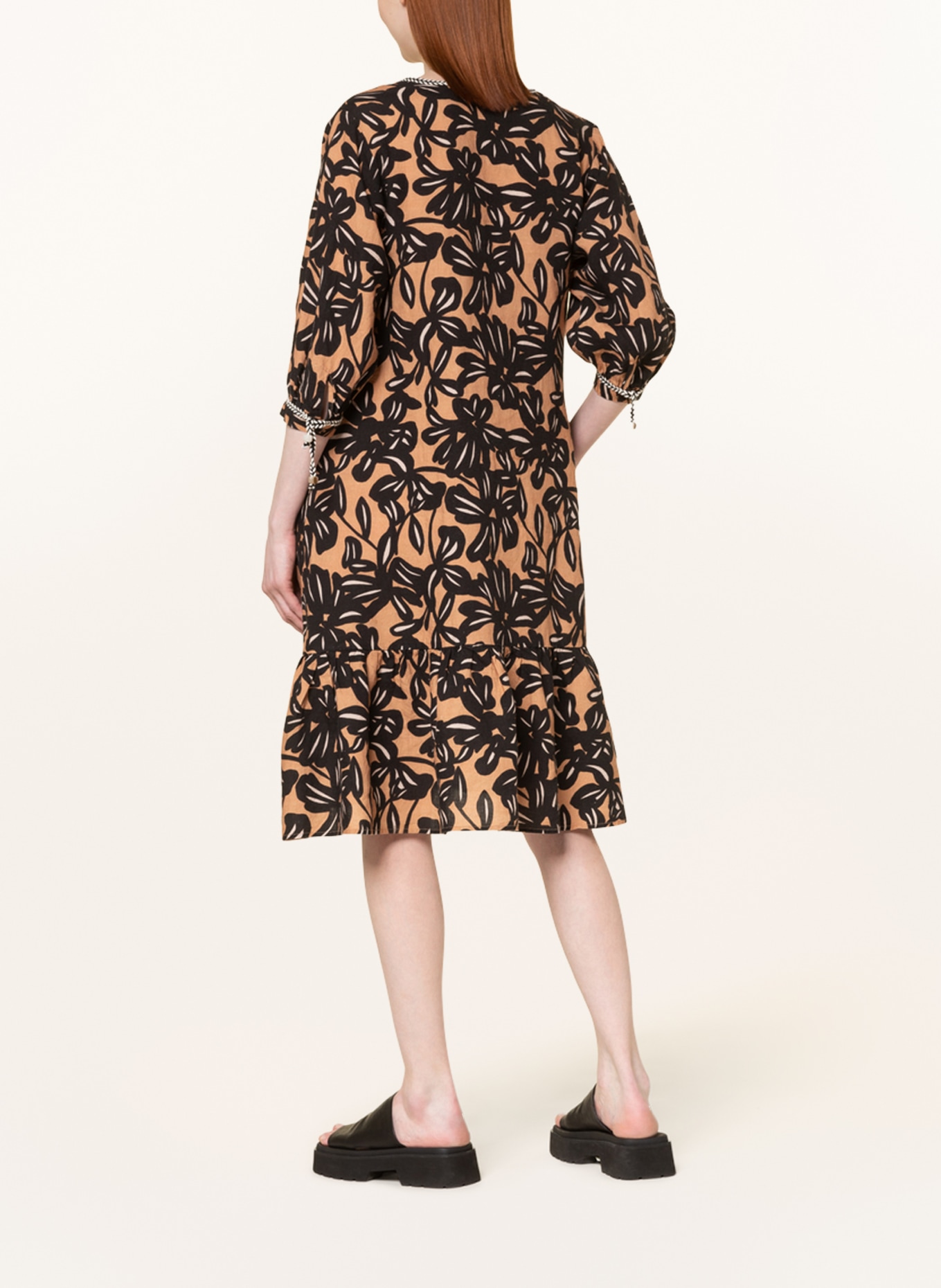 darling harbour Linen dress with 3/4 sleeves, Color: LIGHT BROWN/ BLACK (Image 3)