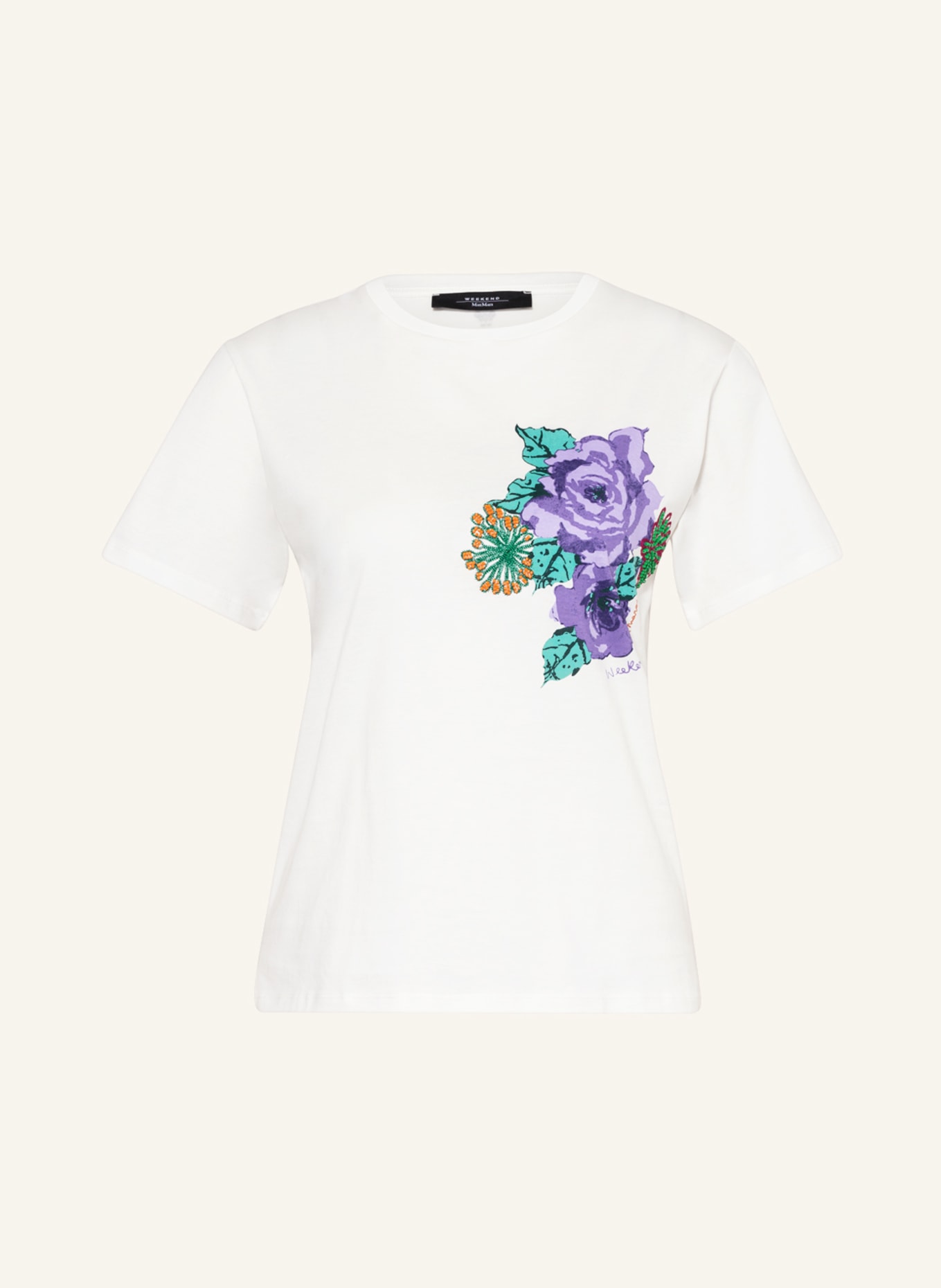WEEKEND MaxMara T-shirt LUIS wykończony perełkami, Kolor: BIAŁY/ ZIELONY/ LILA (Obrazek 1)
