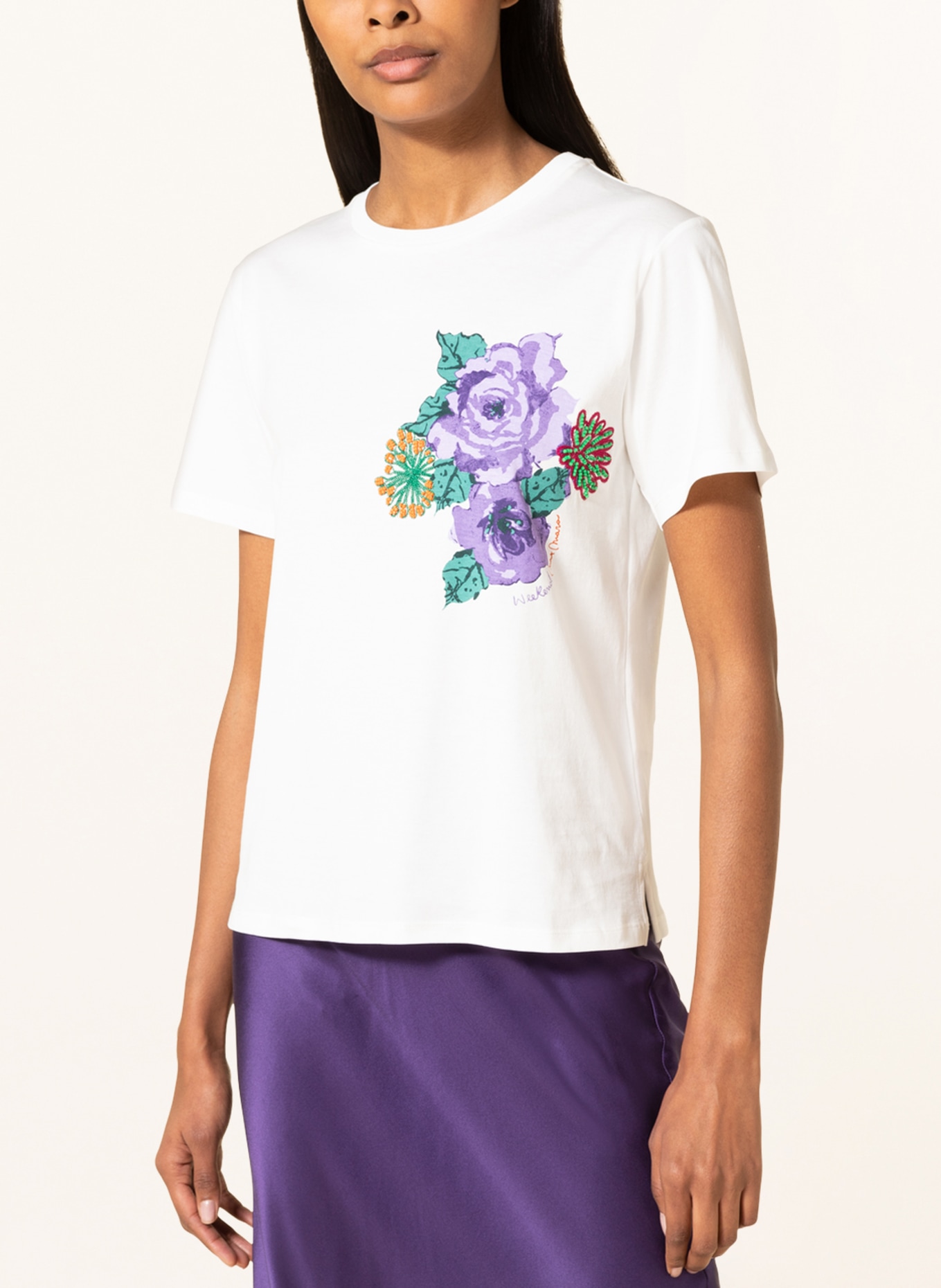 WEEKEND MaxMara T-shirt LUIS wykończony perełkami, Kolor: BIAŁY/ ZIELONY/ LILA (Obrazek 4)