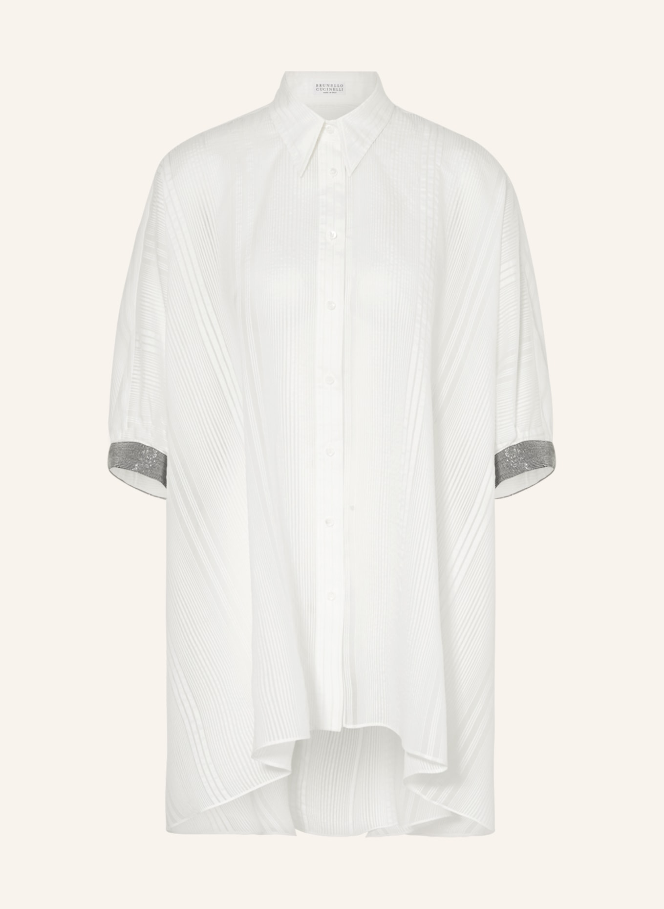 BRUNELLO CUCINELLI Koszula oversize z dodatkiem jedwabiu i ozdobnymi kamykami, Kolor: BIAŁY (Obrazek 1)