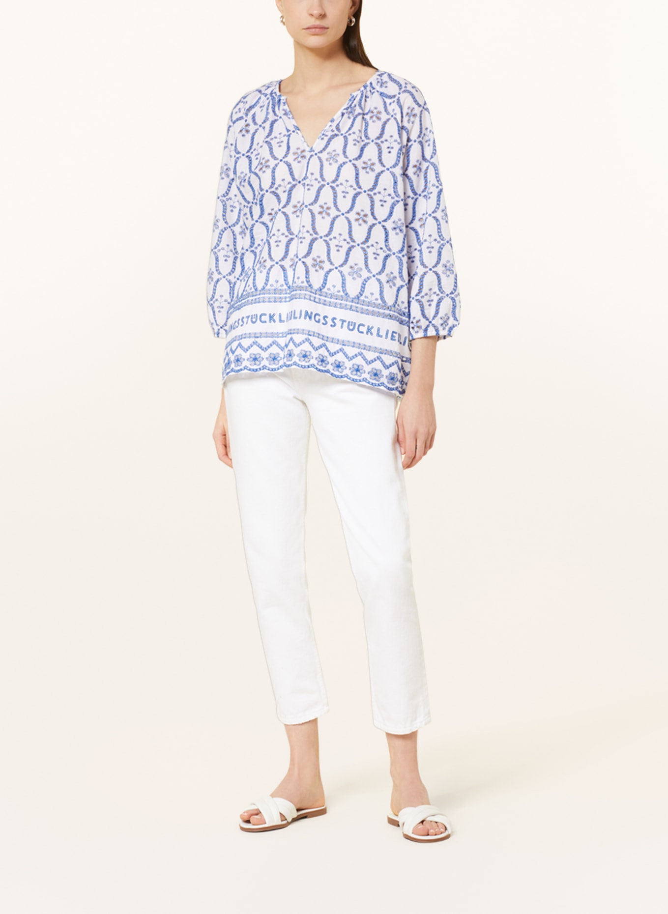 LIEBLINGSSTÜCK Blouse with broderie anglaise and 3/4 sleeves, Color: WHITE/ BLUE (Image 2)