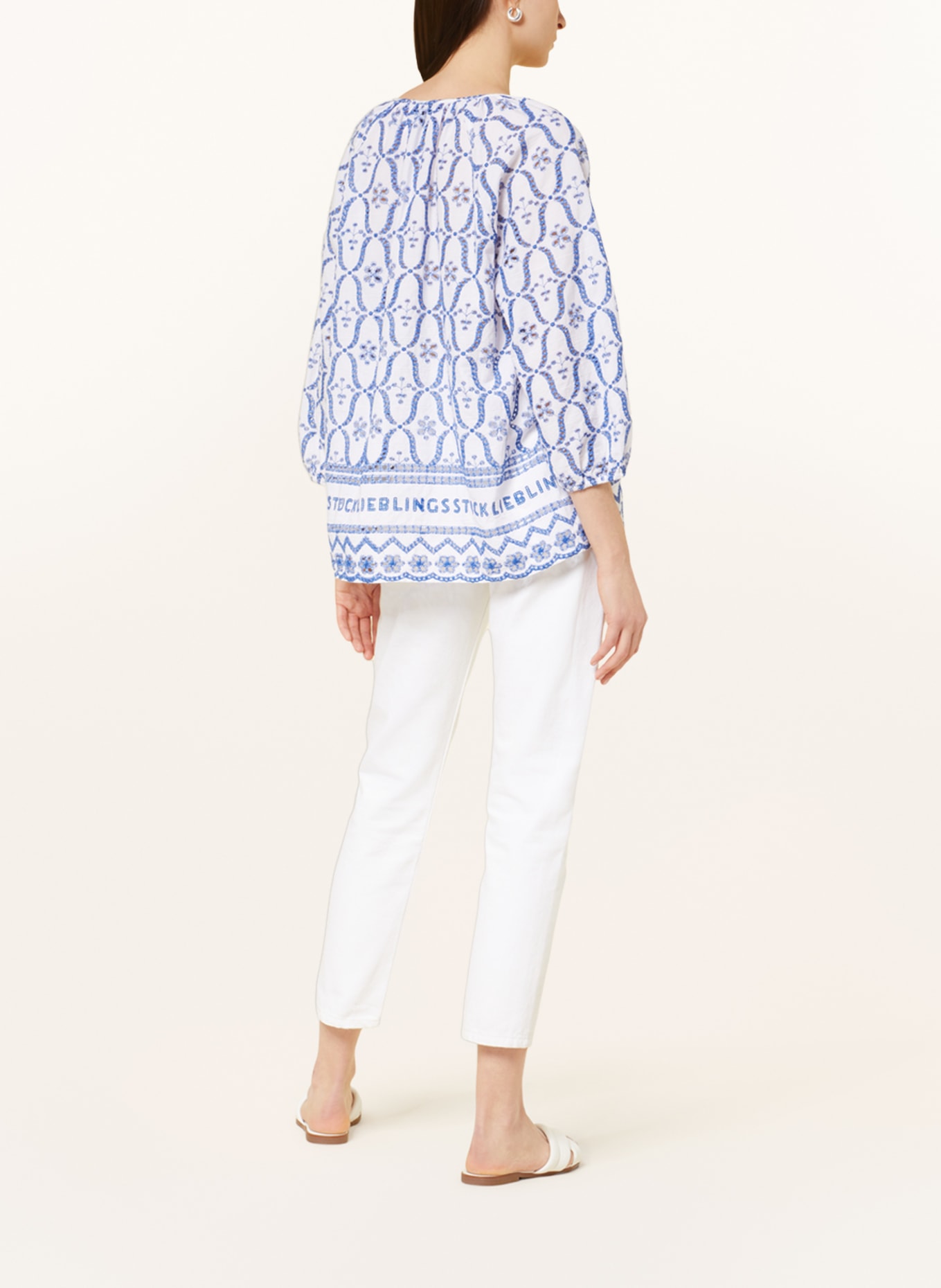 LIEBLINGSSTÜCK Blouse with broderie anglaise and 3/4 sleeves, Color: WHITE/ BLUE (Image 3)