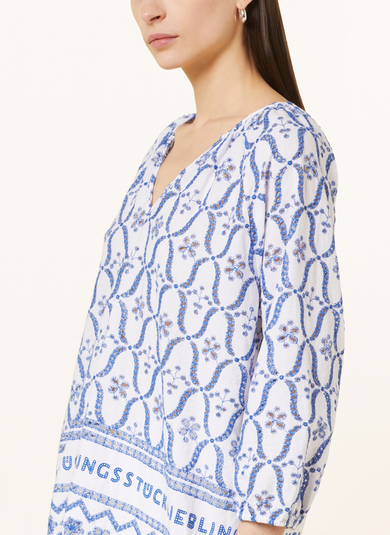 LIEBLINGSSTÜCK Blouse with broderie anglaise and 3/4 sleeves, Color: WHITE/ BLUE (Image 4)