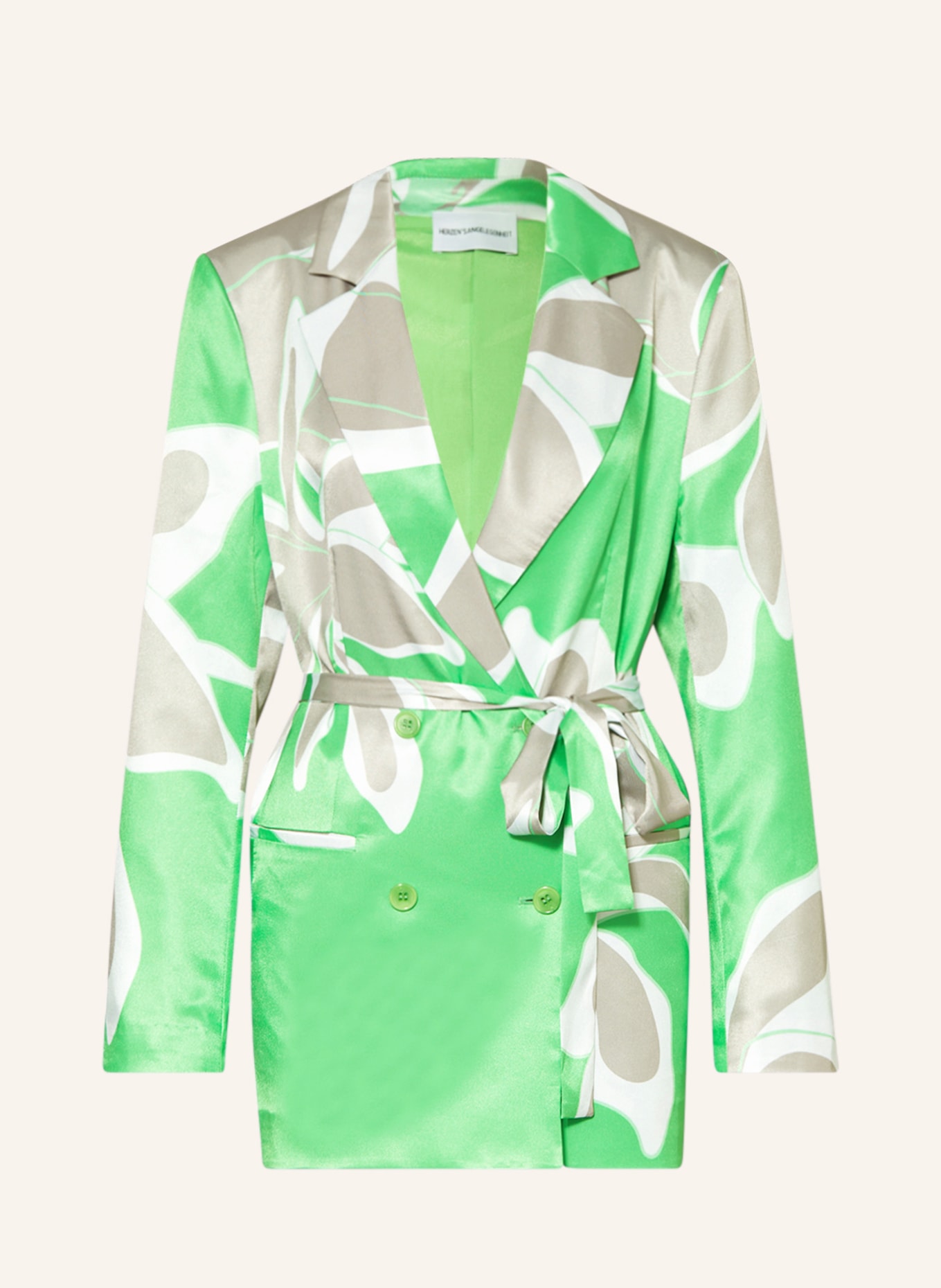 HERZEN'S ANGELEGENHEIT Long blazer made of satin, Color: LIGHT GREEN/ WHITE/ TAUPE (Image 1)