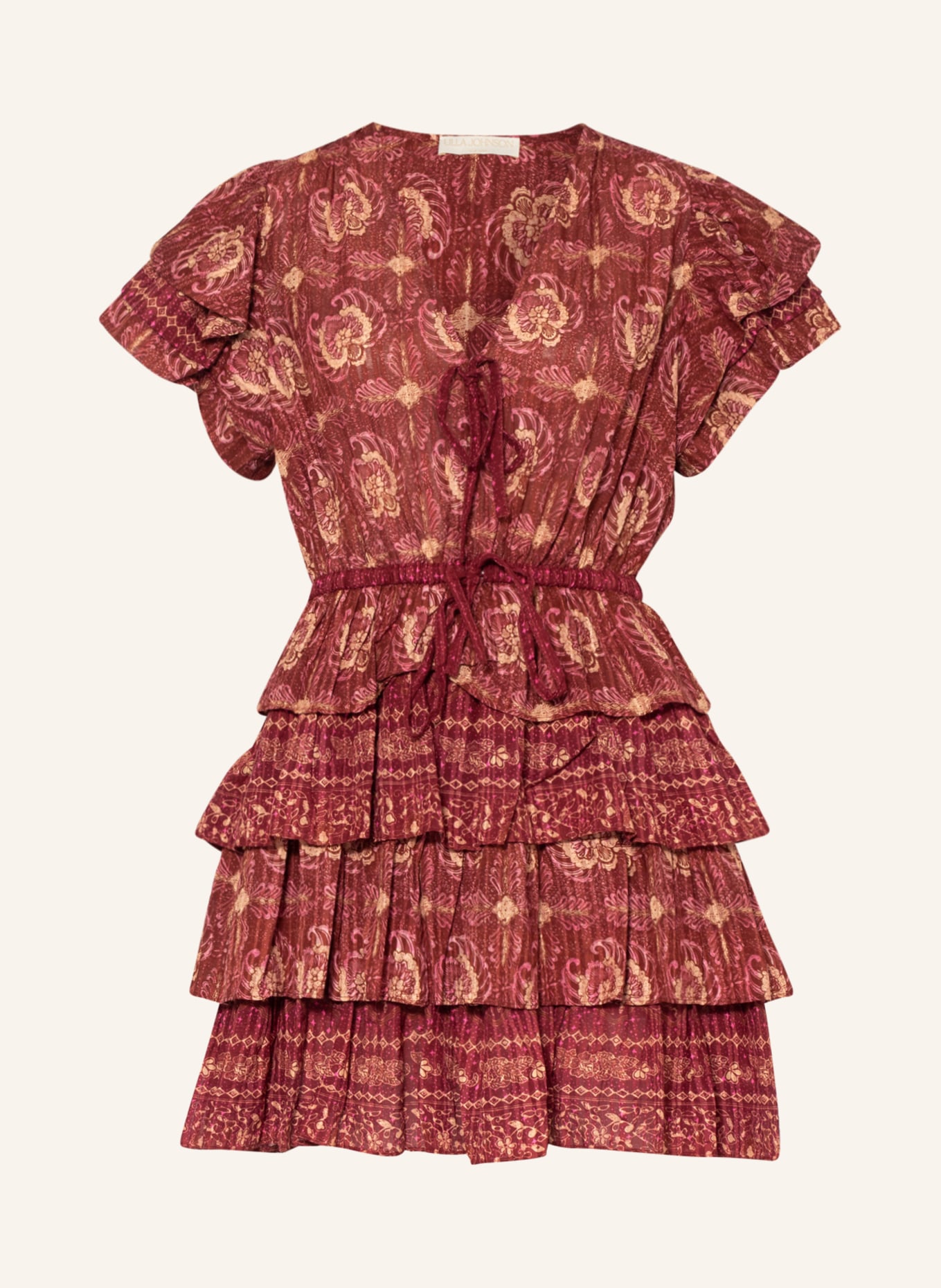 ULLA JOHNSON Kleid KAITLYN mit Rüschen, Farbe: DUNKELROT/ HELLORANGE/ ROSA (Bild 1)