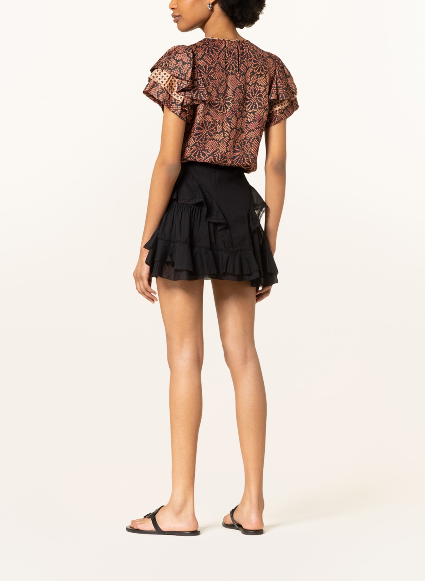 ULLA JOHNSON Shirt blouse JOSEFINE with frills, Color: BLACK/ LIGHT ORANGE/ OLIVE (Image 3)