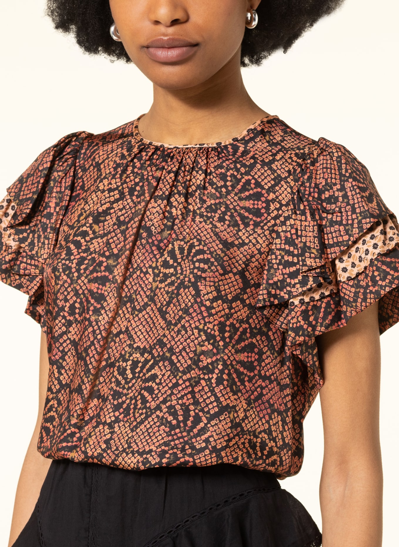 ULLA JOHNSON Shirt blouse JOSEFINE with frills, Color: BLACK/ LIGHT ORANGE/ OLIVE (Image 4)