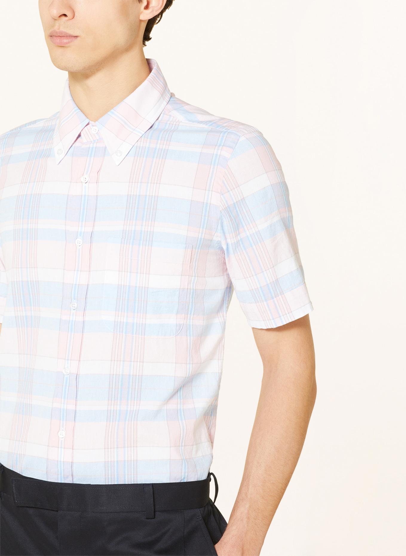 THOM BROWNE. Short sleeve shirt slim fit, Color: LIGHT BLUE/ WHITE/ LIGHT PINK (Image 4)