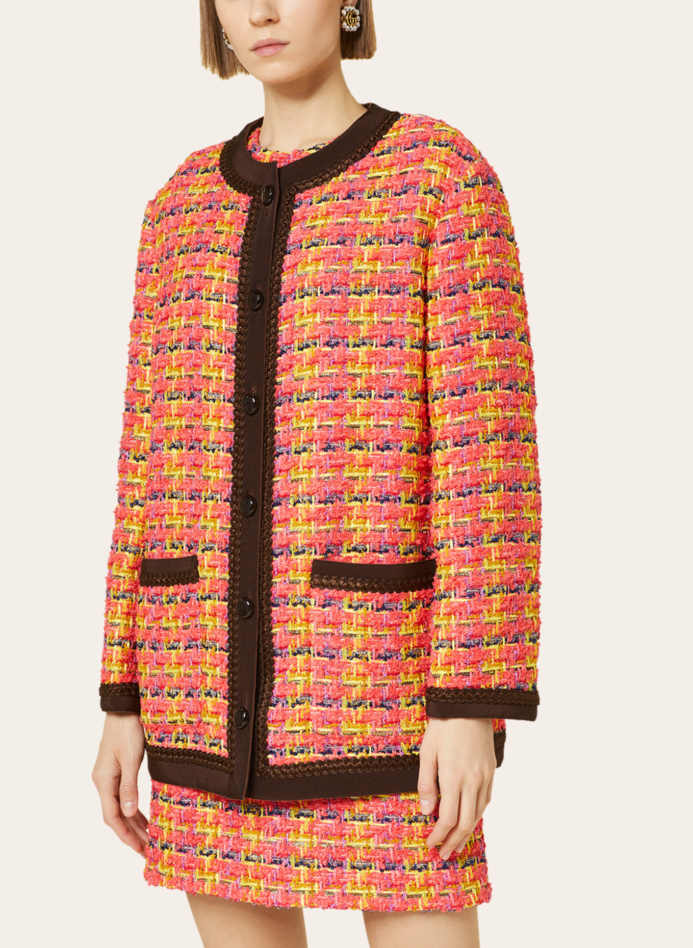 GUCCI Boucl jacket with glitter thread in fuchsia yellow dark brown