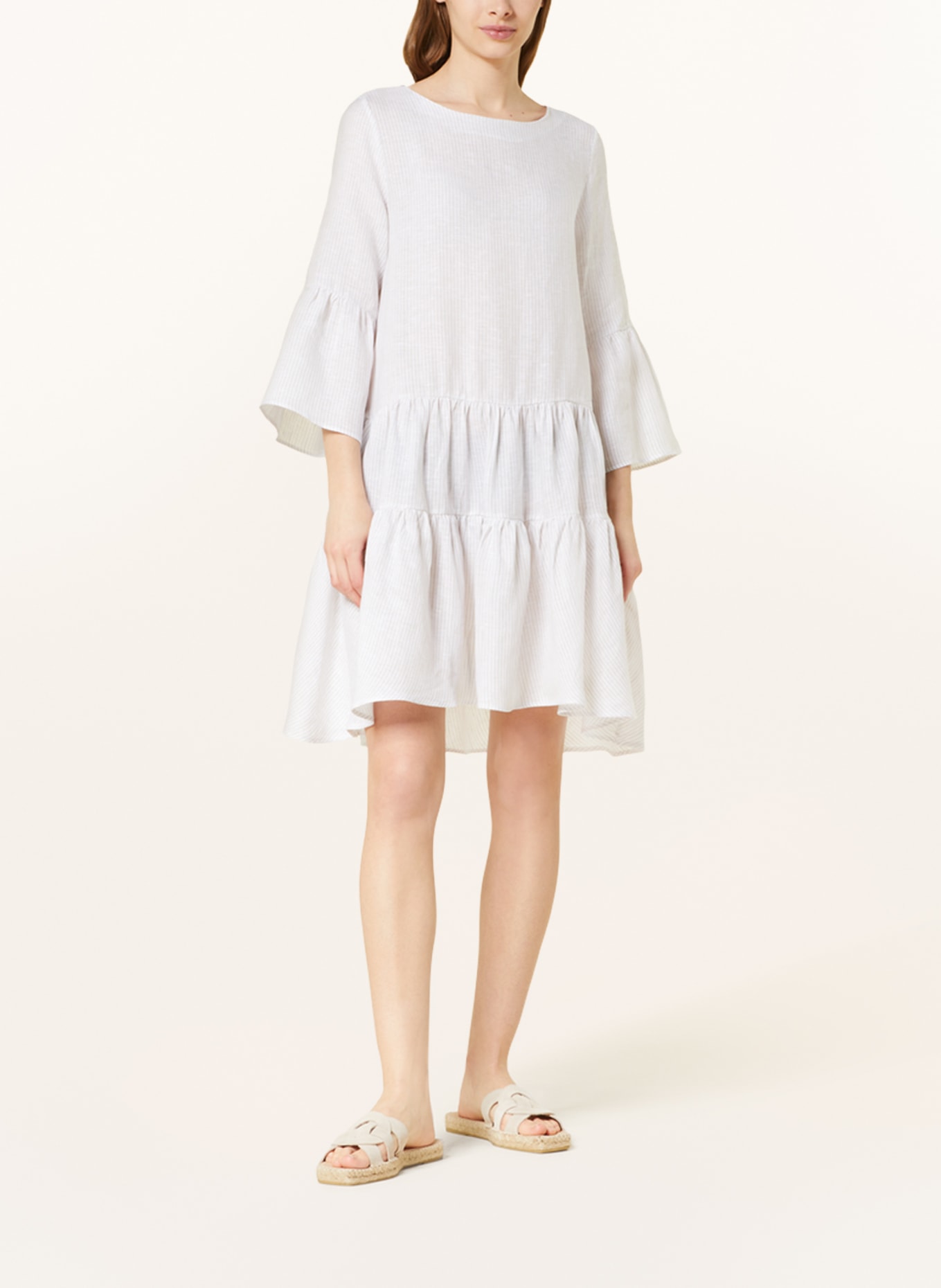 Sophie Linen dress OCARI with 3/4 sleeves, Color: BEIGE/ WHITE (Image 2)