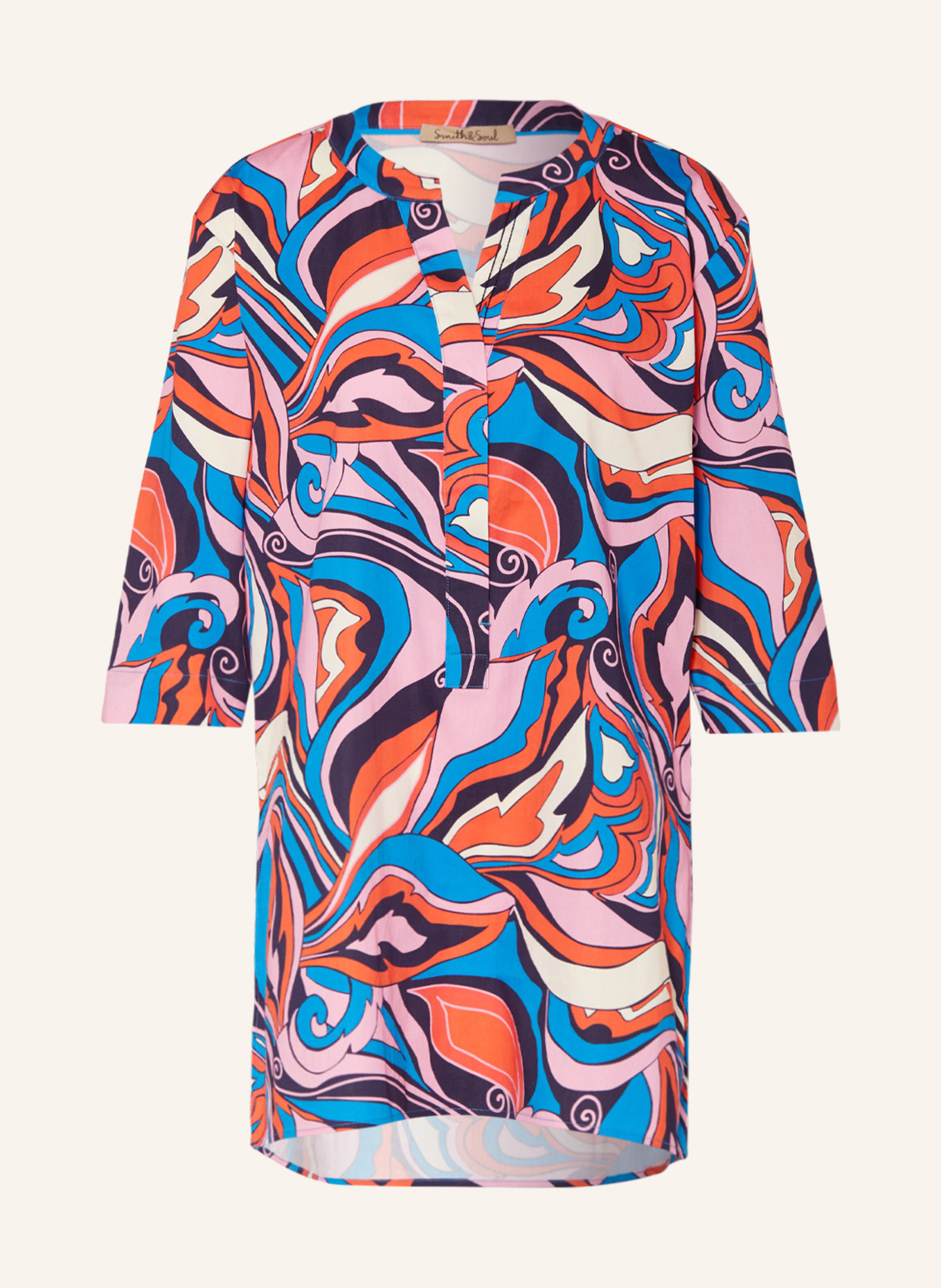 Smith & Soul Tunic with 3/4 sleeves, Color: BLUE/ PINK/ ORANGE (Image 1)