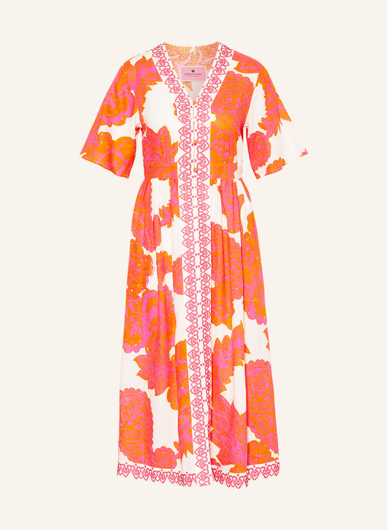 LIEBLINGSSTÜCK Sukienka z dodatkiem lnu, Kolor: POMARAŃCZOWY/ MOCNORÓŻOWY/ BIAŁY (Obrazek 1)