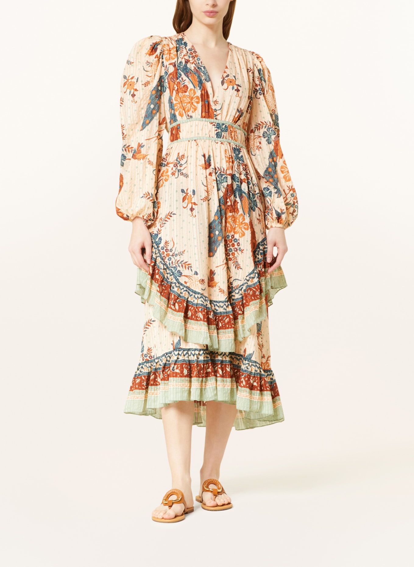 ULLA JOHNSON Kleid PORTIA mit Rüschen, Farbe: HELLORANGE/ BRAUN/ HELLGRÜN (Bild 2)