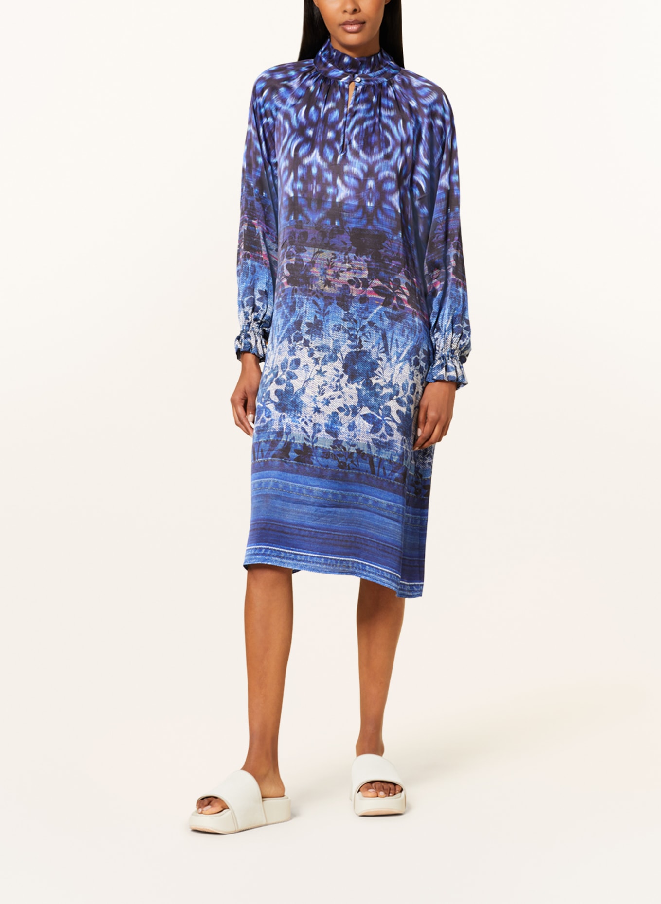 yippie hippie Satin dress, Color: BLUE/ BLACK/ CREAM (Image 2)
