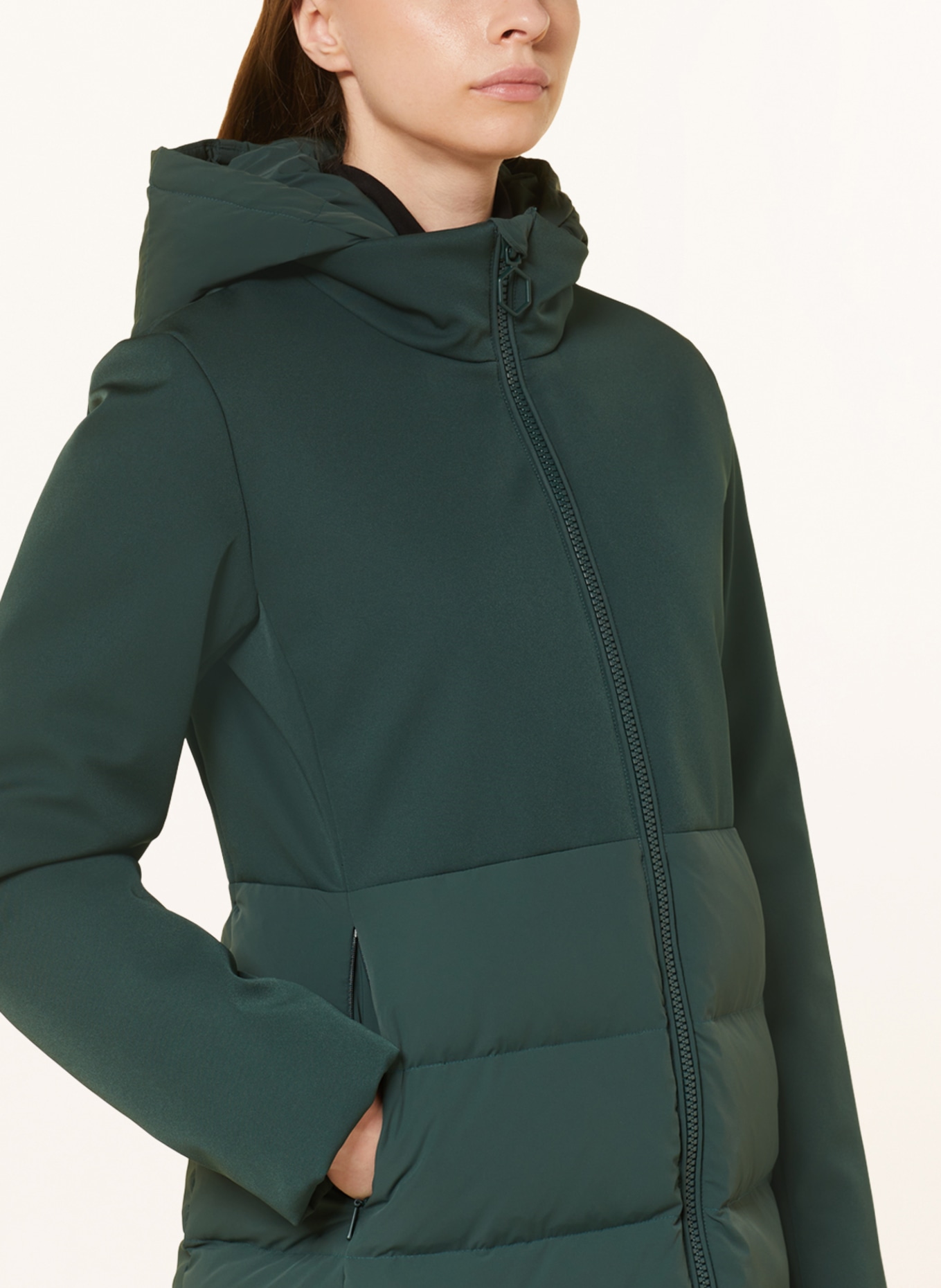 HOX Péřový kabát ze směsi materiálů, s odnímatelnou kapucí, Barva: TMAVĚ ZELENÁ (Obrázek 5)