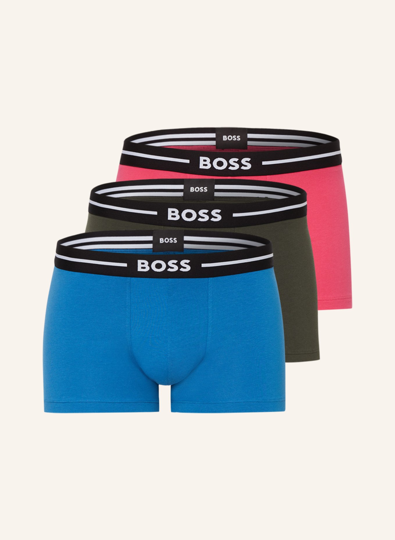 BOSS 3er-Pack Boxershorts BOLD, Farbe: HELLBLAU/ OLIV/ PINK (Bild 1)