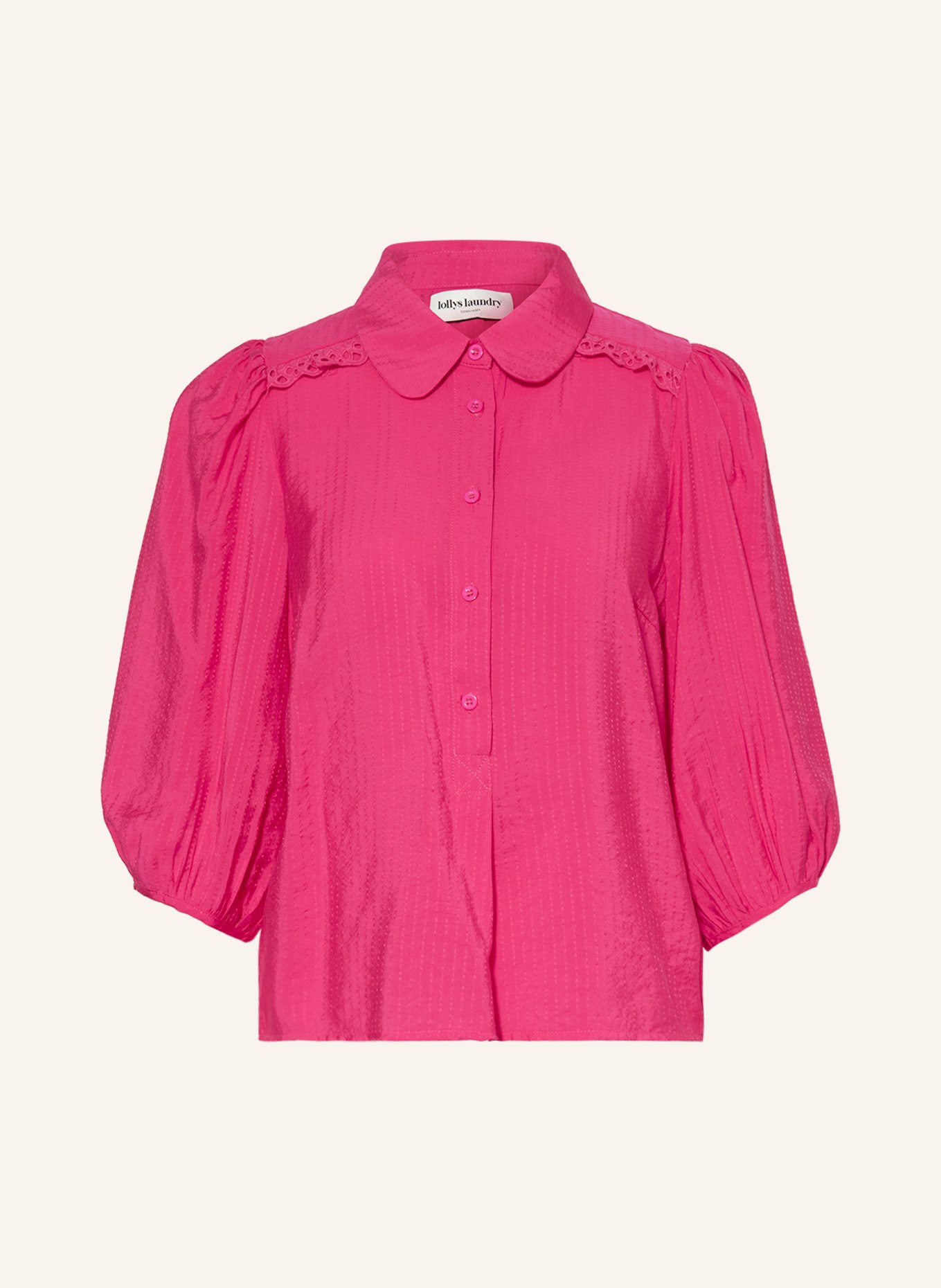 lollys laundry Bluzka TUNIS z rękawami 3/4 i dziurkowaną koronką, Kolor: MOCNORÓŻOWY (Obrazek 1)