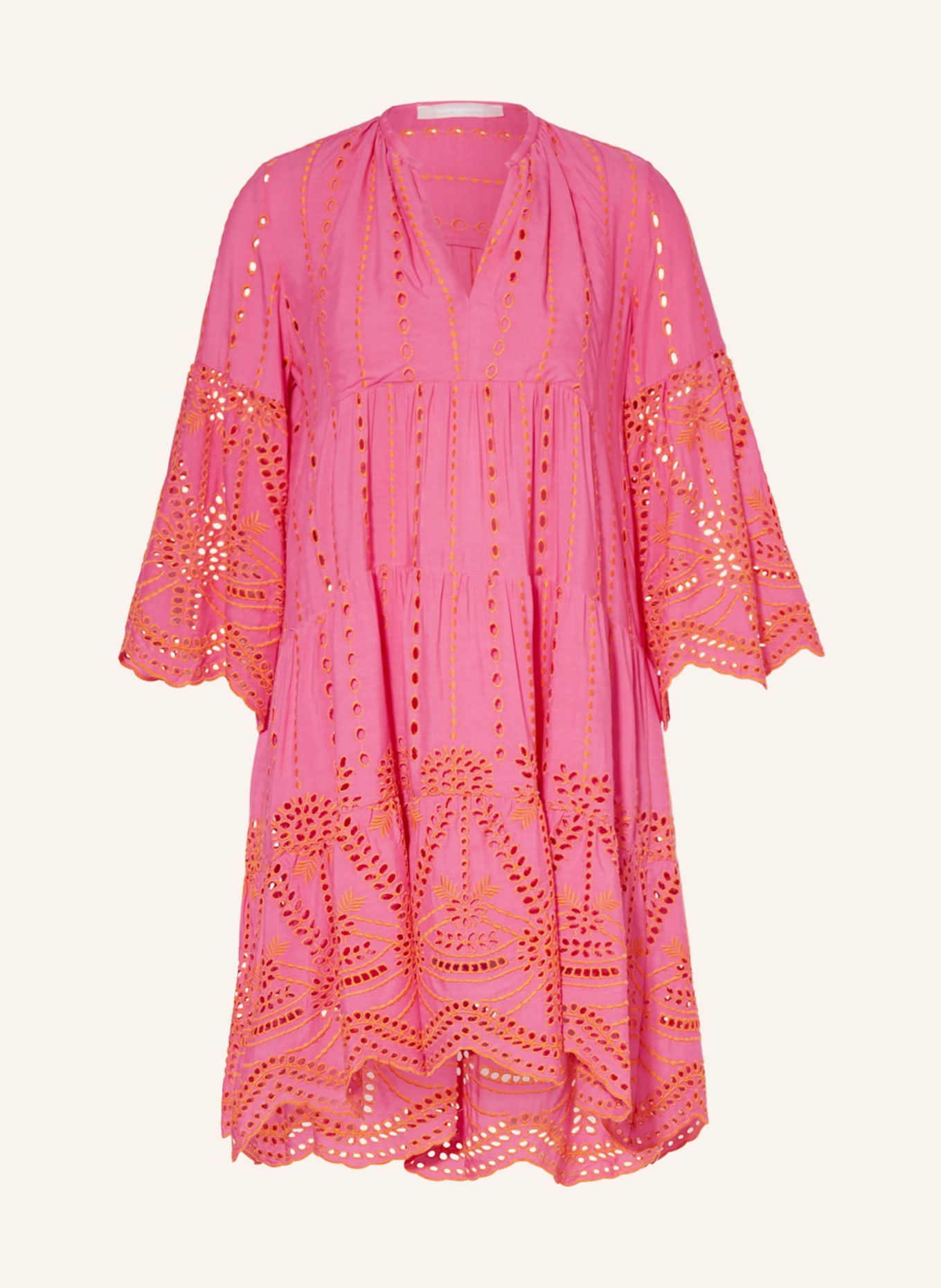 VALÉRIE KHALFON Sukienka RIVA z rękawami 3/4 i dziurkowaną koronką, Kolor: MOCNORÓŻOWY/ CIEMNOŻÓŁTY (Obrazek 1)