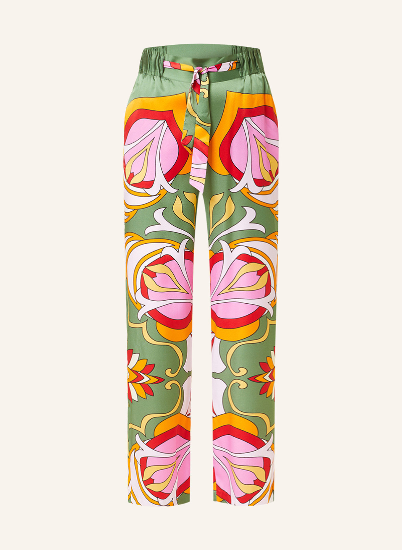 HERZEN'S ANGELEGENHEIT Wide leg trousers made of silk, Color: OLIVE/ LIGHT PINK/ ORANGE (Image 1)