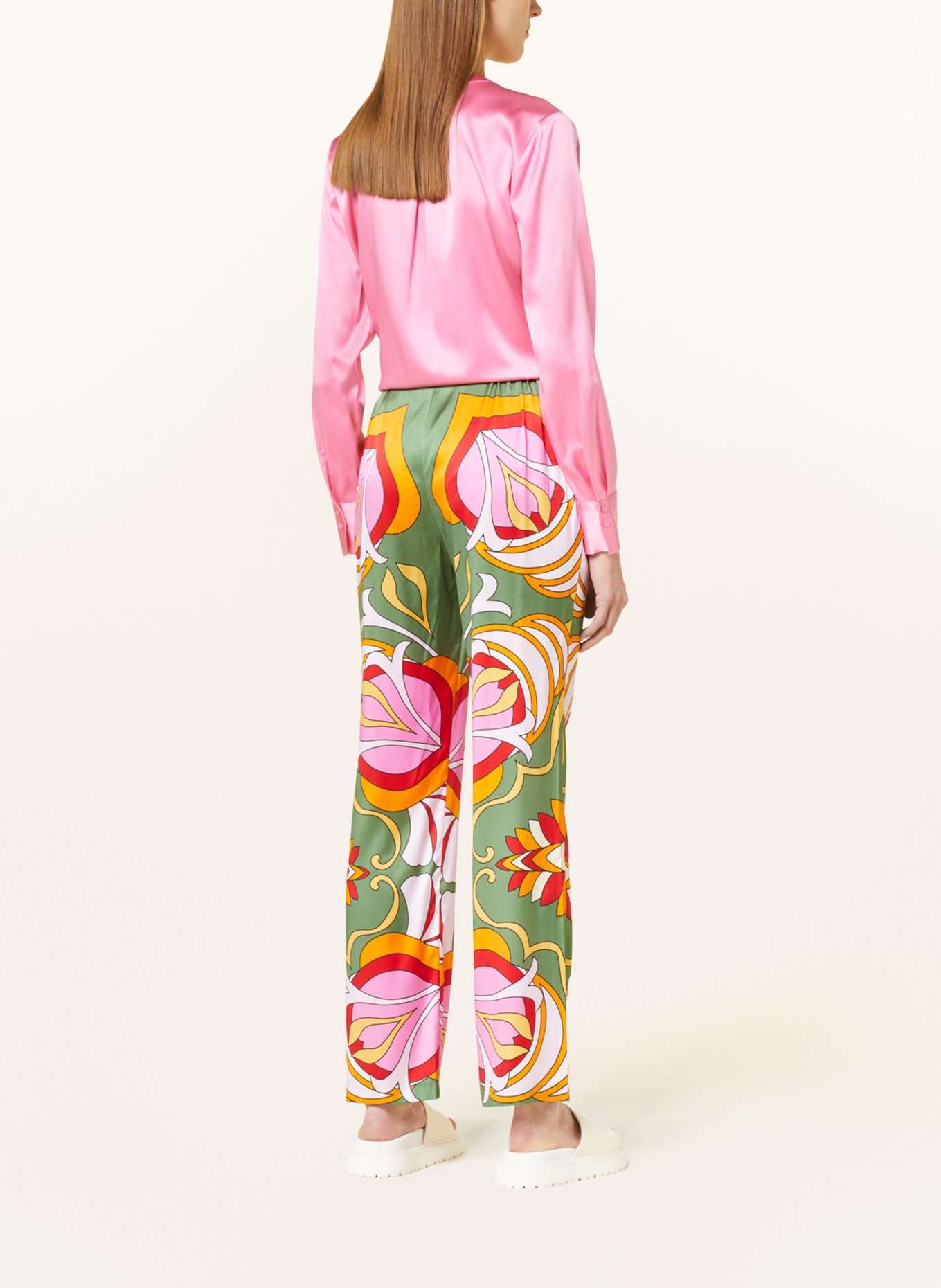 HERZEN'S ANGELEGENHEIT Wide leg trousers made of silk, Color: OLIVE/ LIGHT PINK/ ORANGE (Image 3)