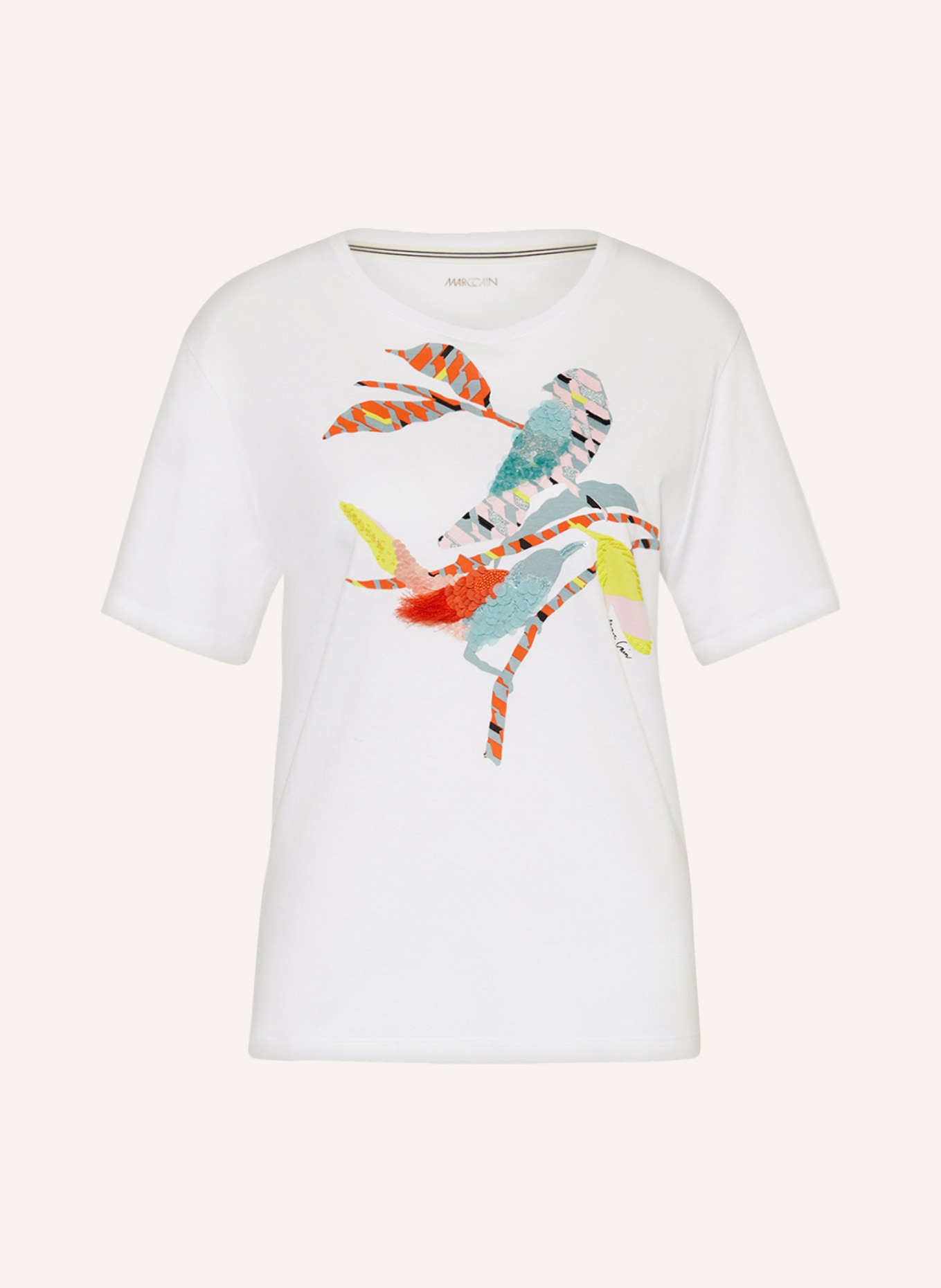 MARC CAIN T-shirt z cekinami i ozdobnymi kamykami, Kolor: 100 WHITE(Obrazek null)