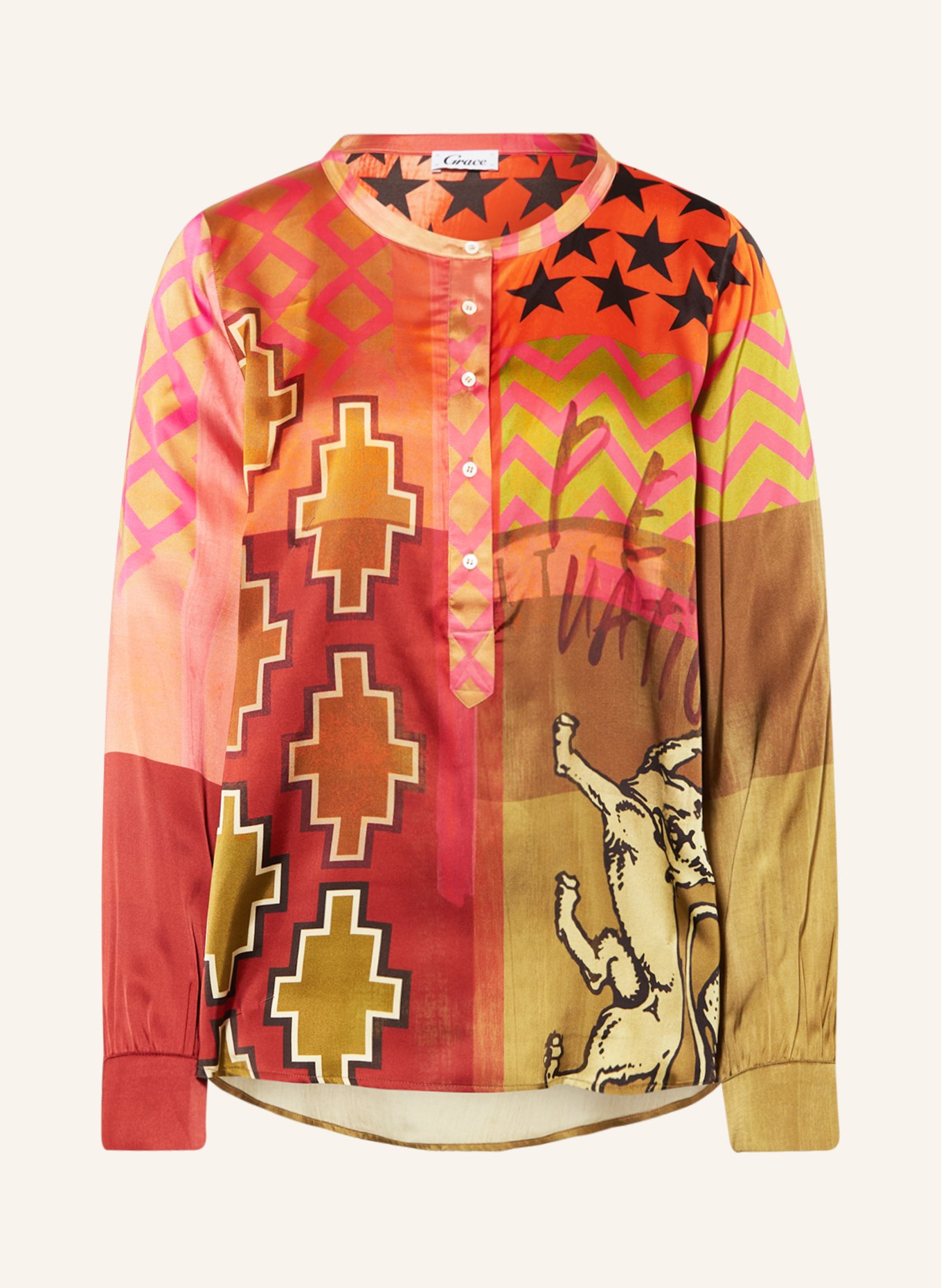Grace Shirt blouse in satin, Color: OLIVE/ ORANGE/ PINK (Image 1)