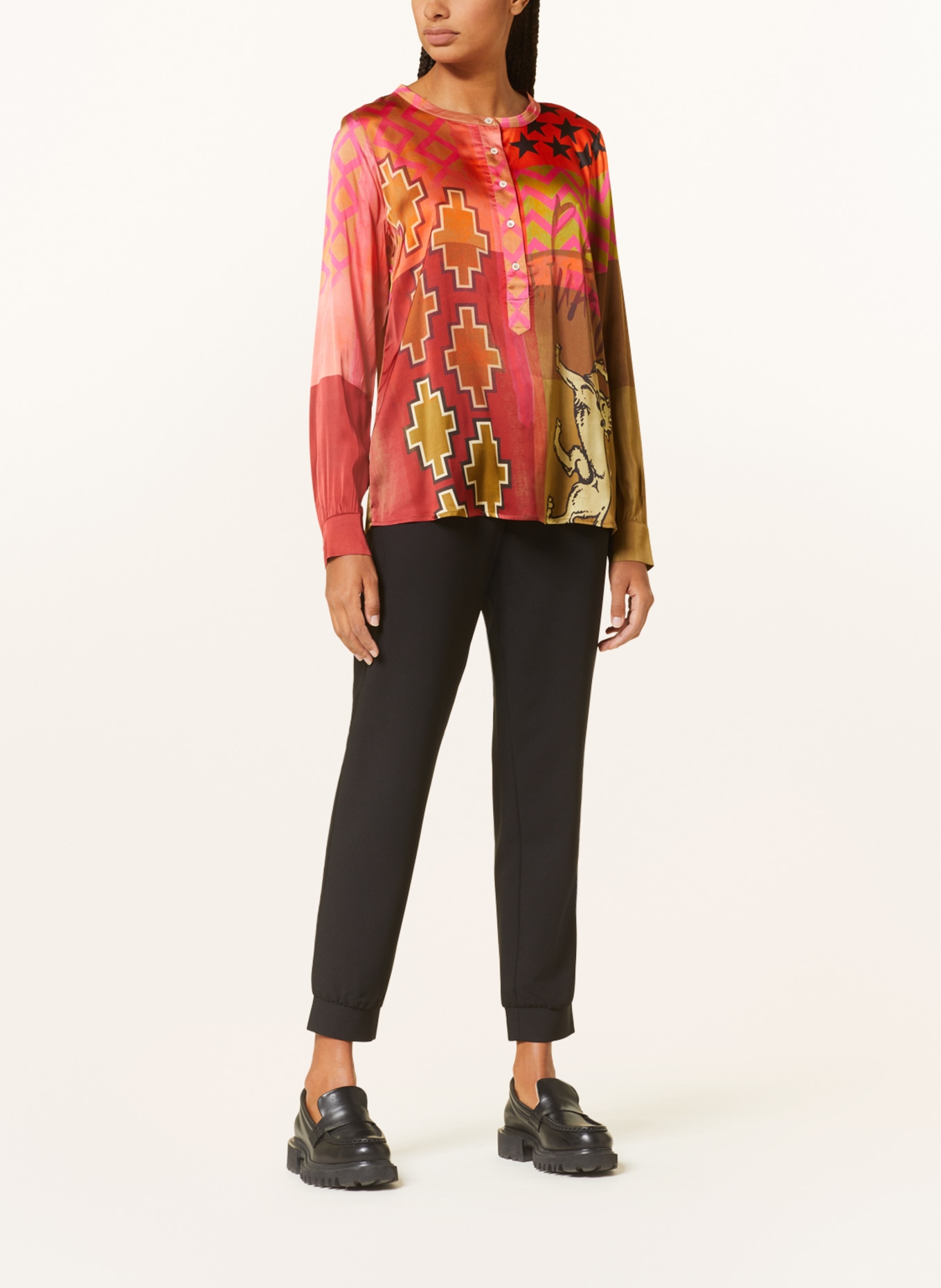 Grace Shirt blouse in satin, Color: OLIVE/ ORANGE/ PINK (Image 2)