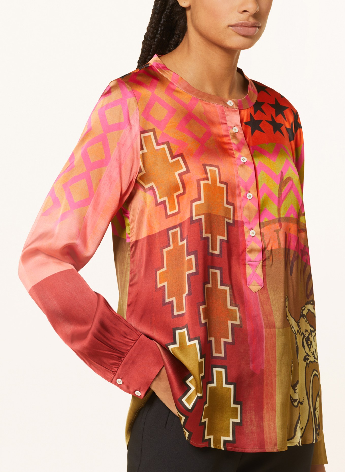 Grace Shirt blouse in satin, Color: OLIVE/ ORANGE/ PINK (Image 4)