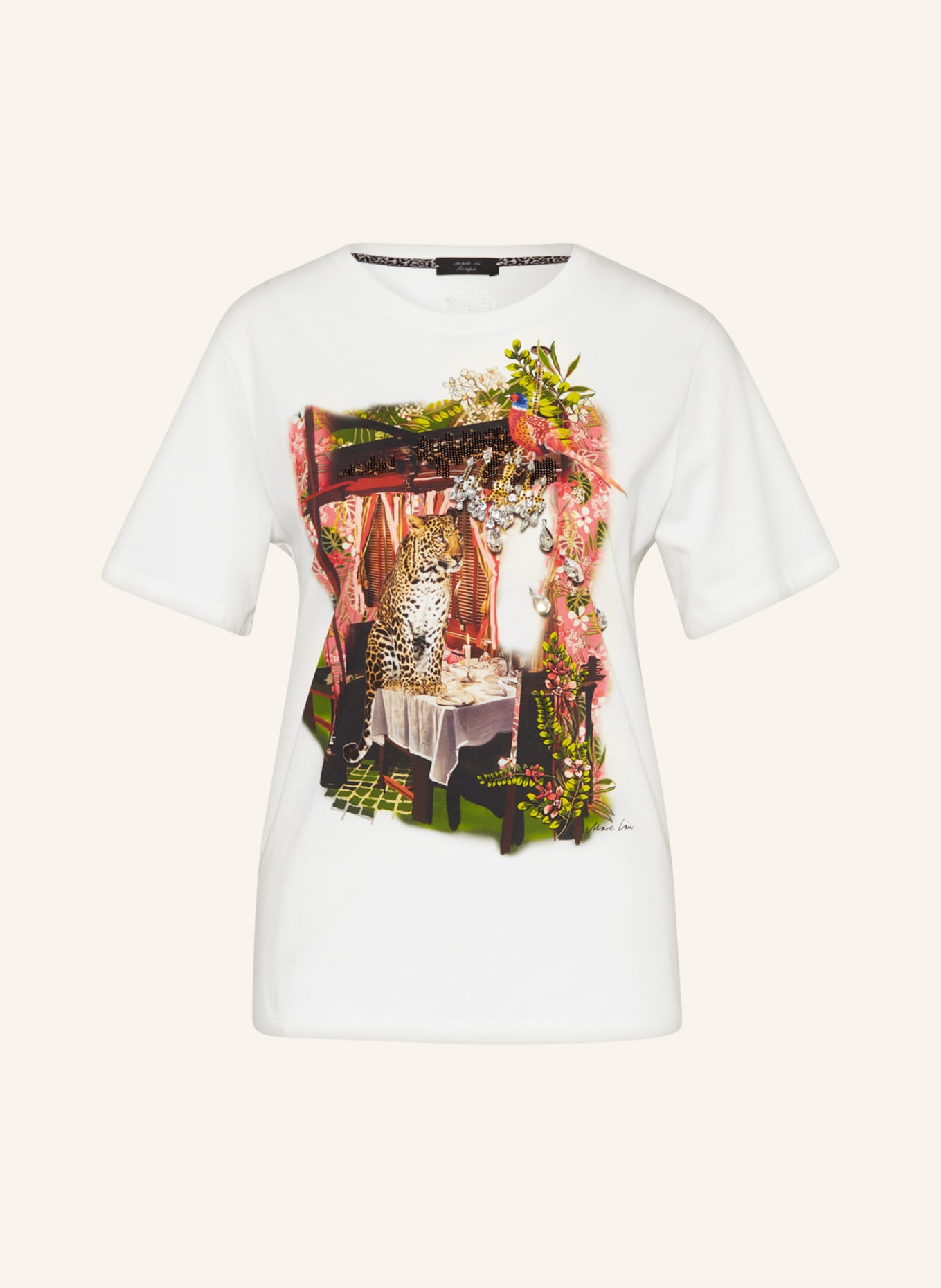 MARC CAIN T-shirt z ozdobnymi kamykami i cekinami, Kolor: 110 off (Obrazek 1)