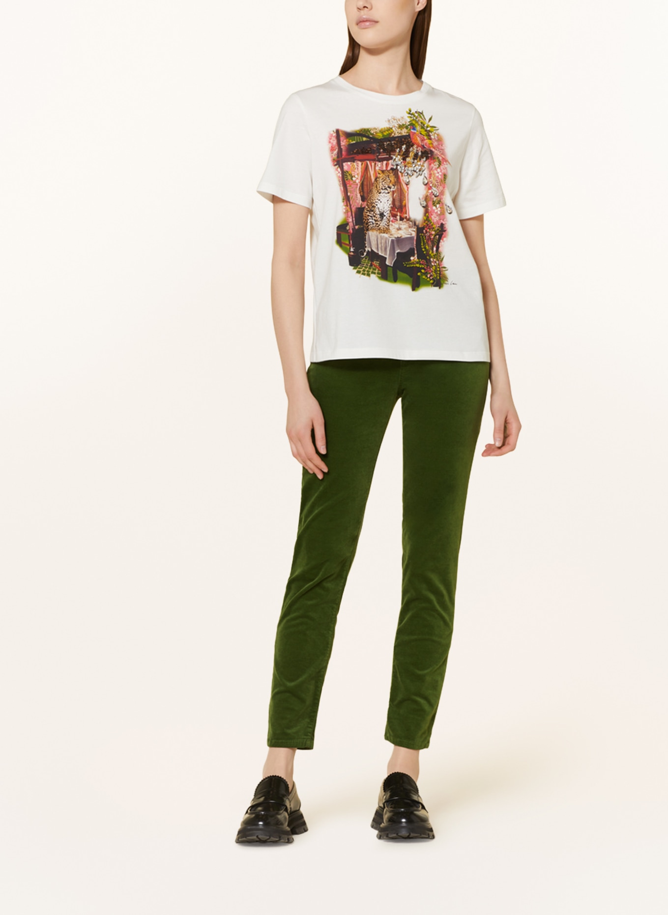 MARC CAIN T-shirt z ozdobnymi kamykami i cekinami, Kolor: 110 off (Obrazek 2)