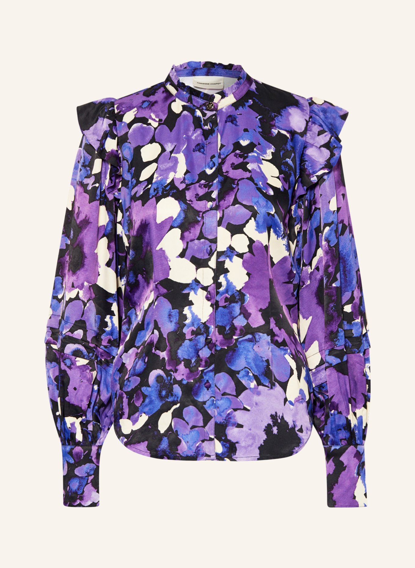 FABIENNE CHAPOT Satin blouse PHILO with ruffles, Color: PURPLE/ BLACK/ ECRU (Image 1)