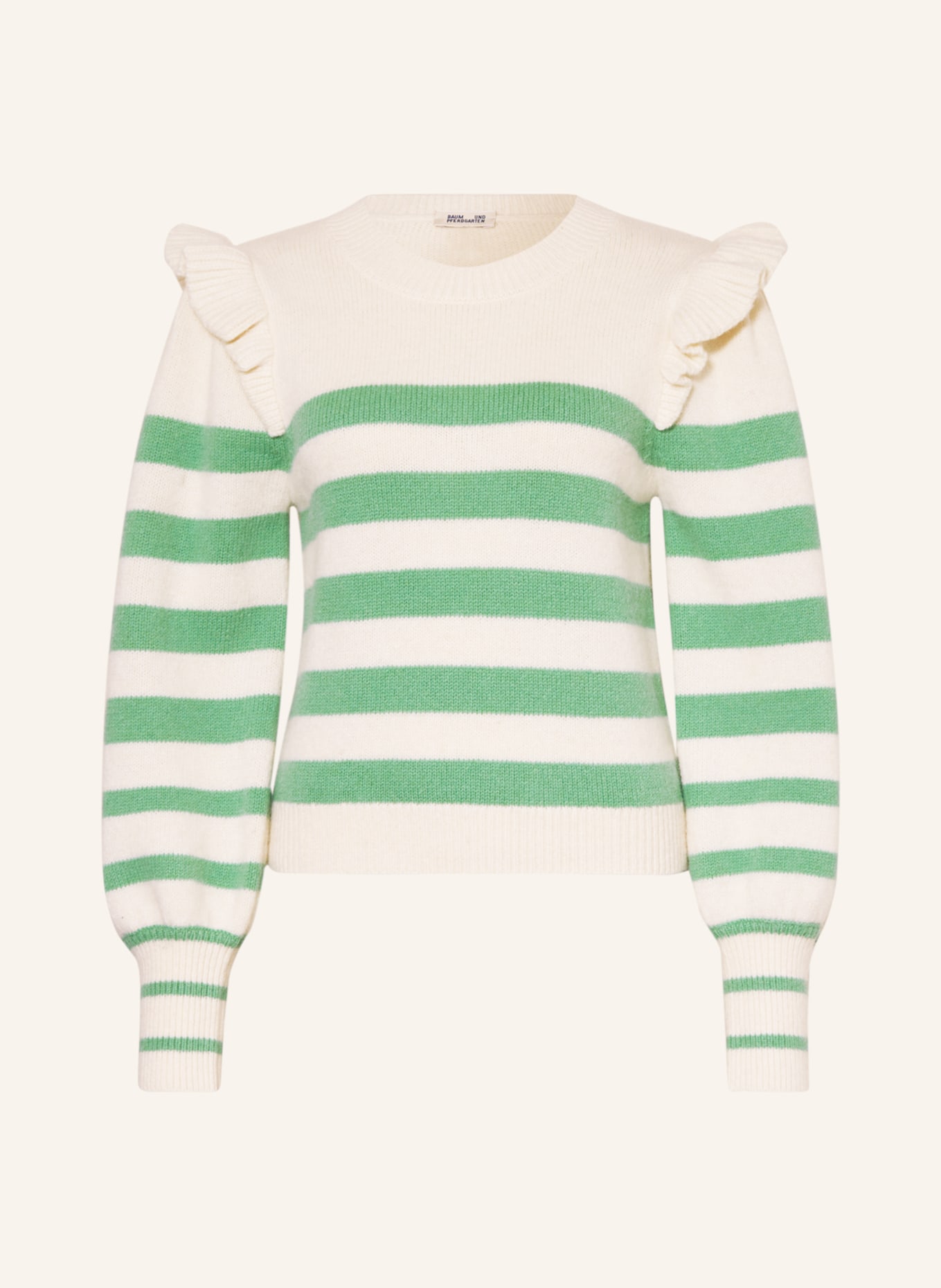 BAUM UND PFERDGARTEN Sweater CAMRYN with frills, Color: ECRU/ LIGHT GREEN (Image 1)