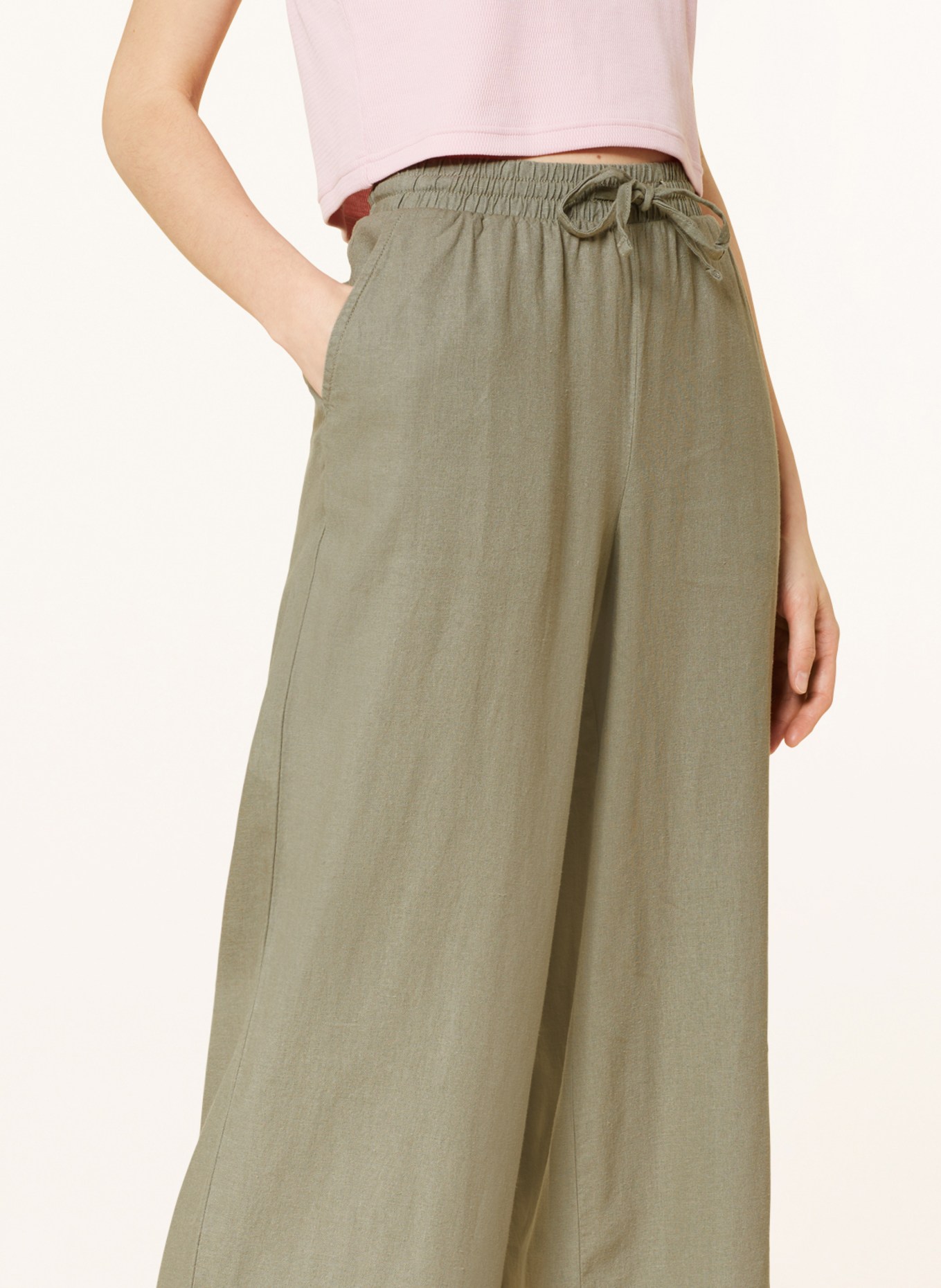 ICHI Wide leg trousers IHLINO with linen, Color: OLIVE (Image 5)