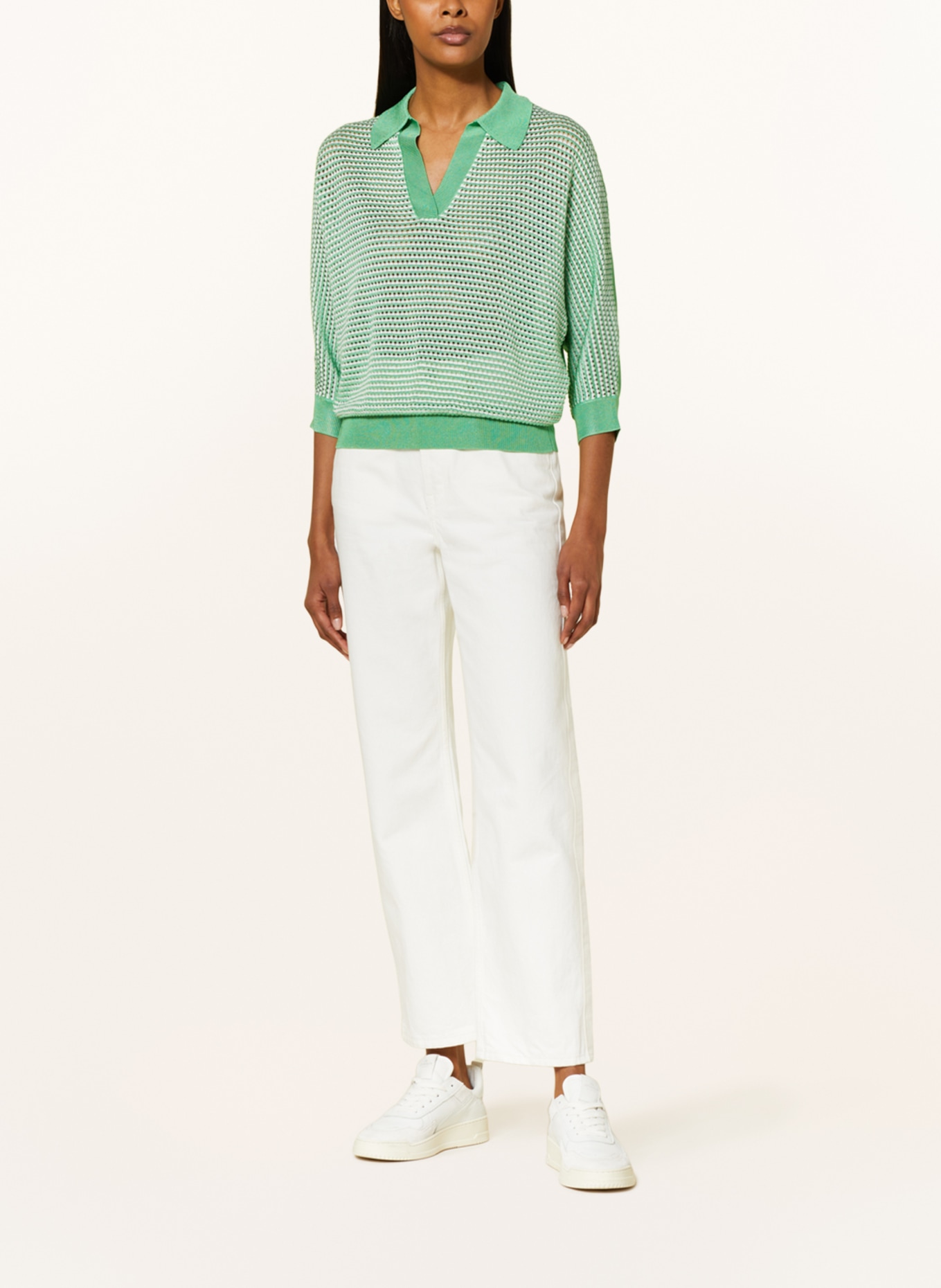 someday Knitted polo shirt TAJOUR with 3/4 sleeves, Color: WHITE/ NEON GREEN (Image 2)