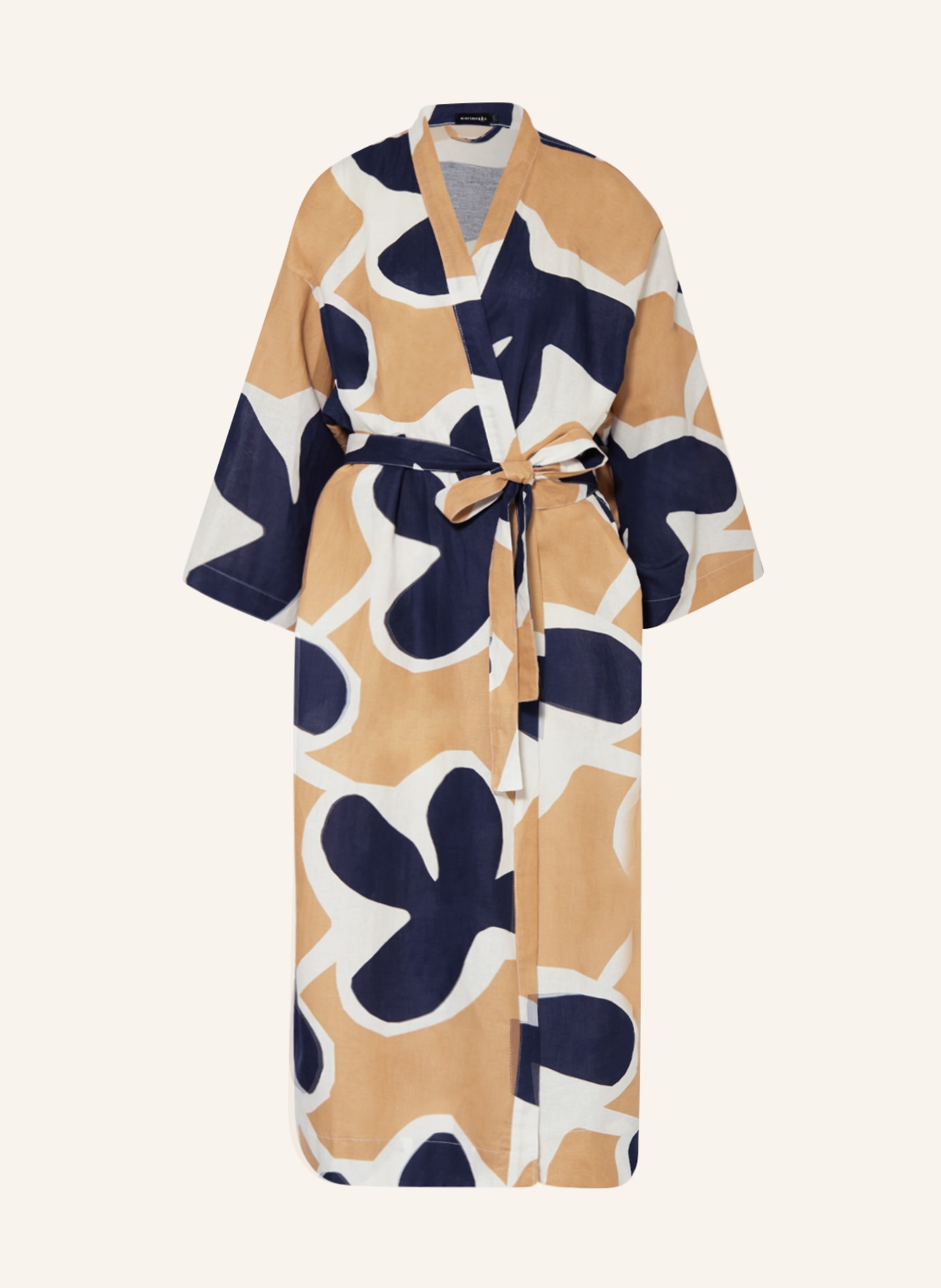 marimekko Unisex bathrobe KEVÄTKIURU with linen, Color: WHITE/ BEIGE/ DARK BLUE (Image 1)