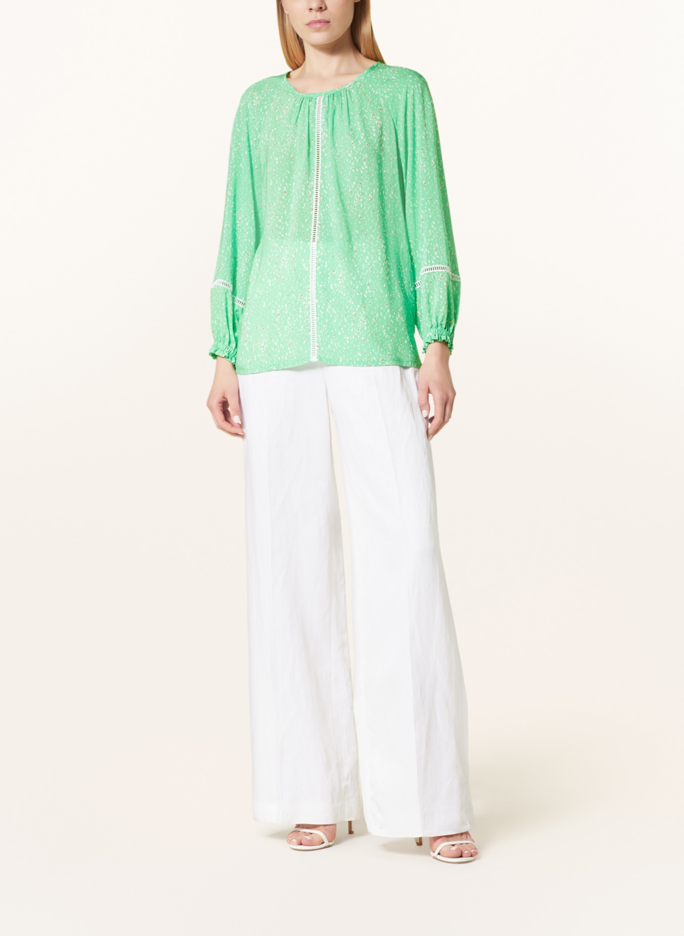 RIANI Shirt blouse with broderie anglaise, Color: LIGHT GREEN/ TAUPE/ WHITE (Image 2)
