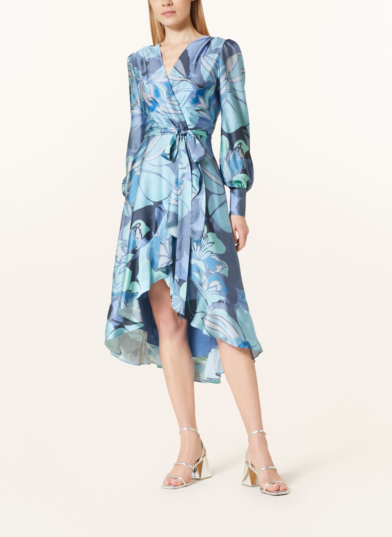 SWING Satin dress in wrap look, Color: BLUE/ LIGHT BLUE/ GRAY (Image 2)
