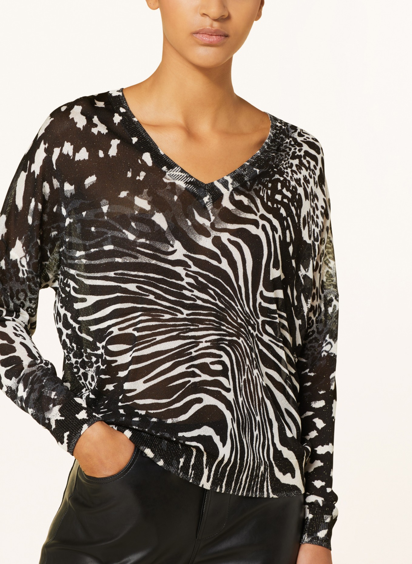 LIU JO Oversized sweater with glitter thread, Color: BLACK/ ECRU (Image 4)