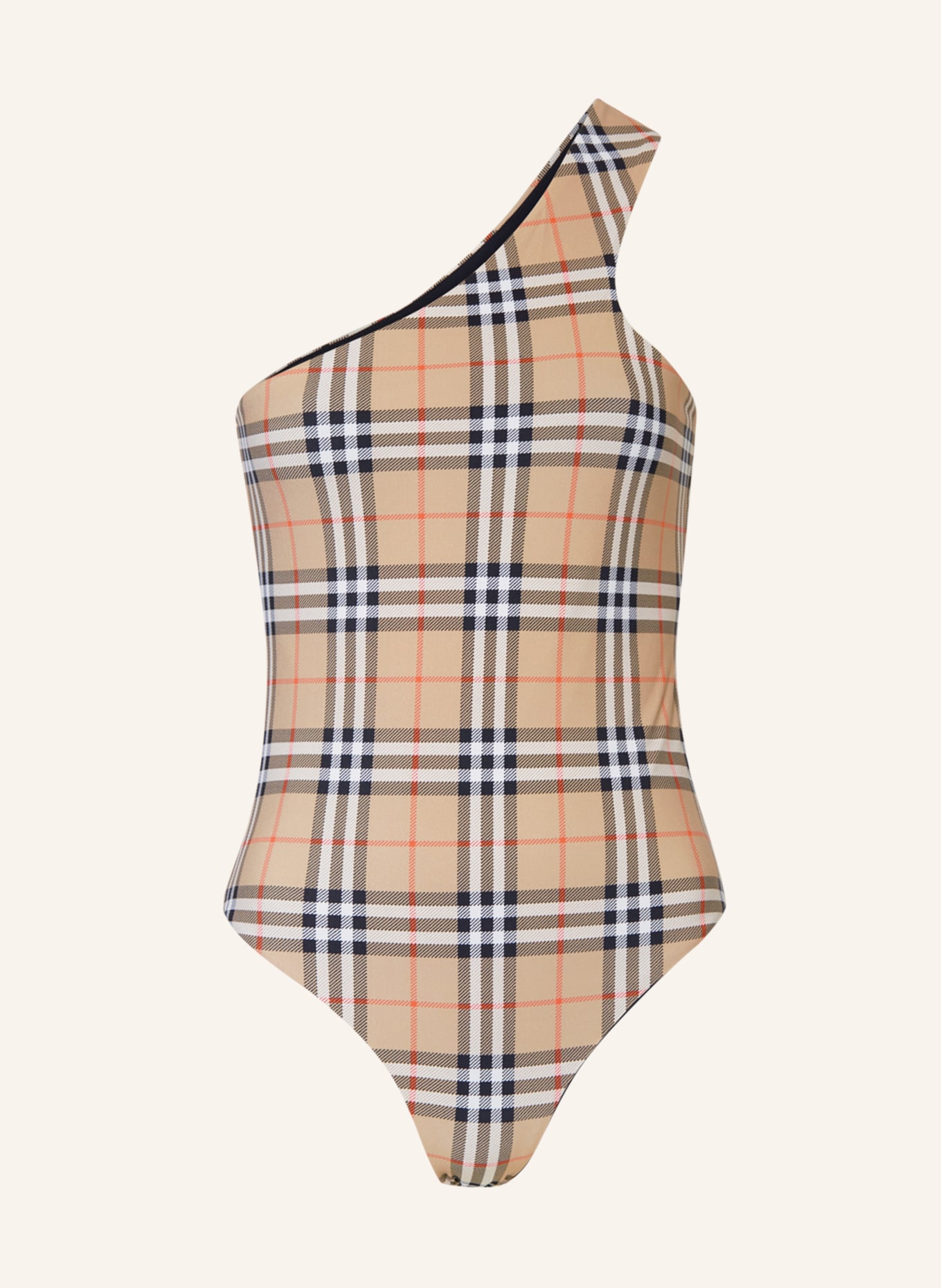 BURBERRY One-Shoulder-Badeanzug, Farbe: HELLBRAUN/ SCHWARZ/ ROT (Bild 1)