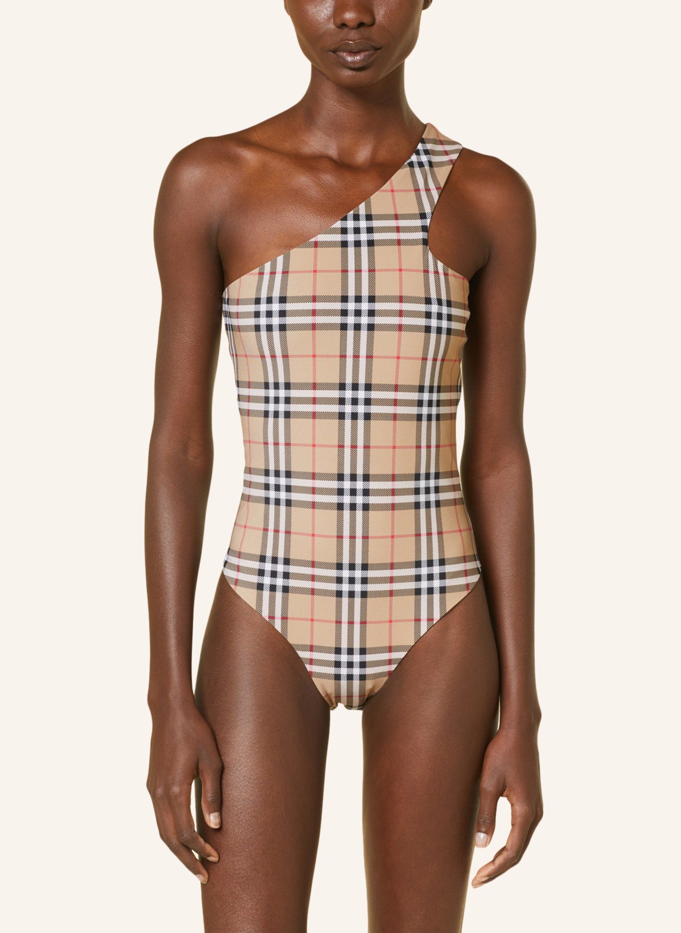 BURBERRY One-shoulder swimsuit, Color: LIGHT BROWN/ BLACK/ RED (Image 4)