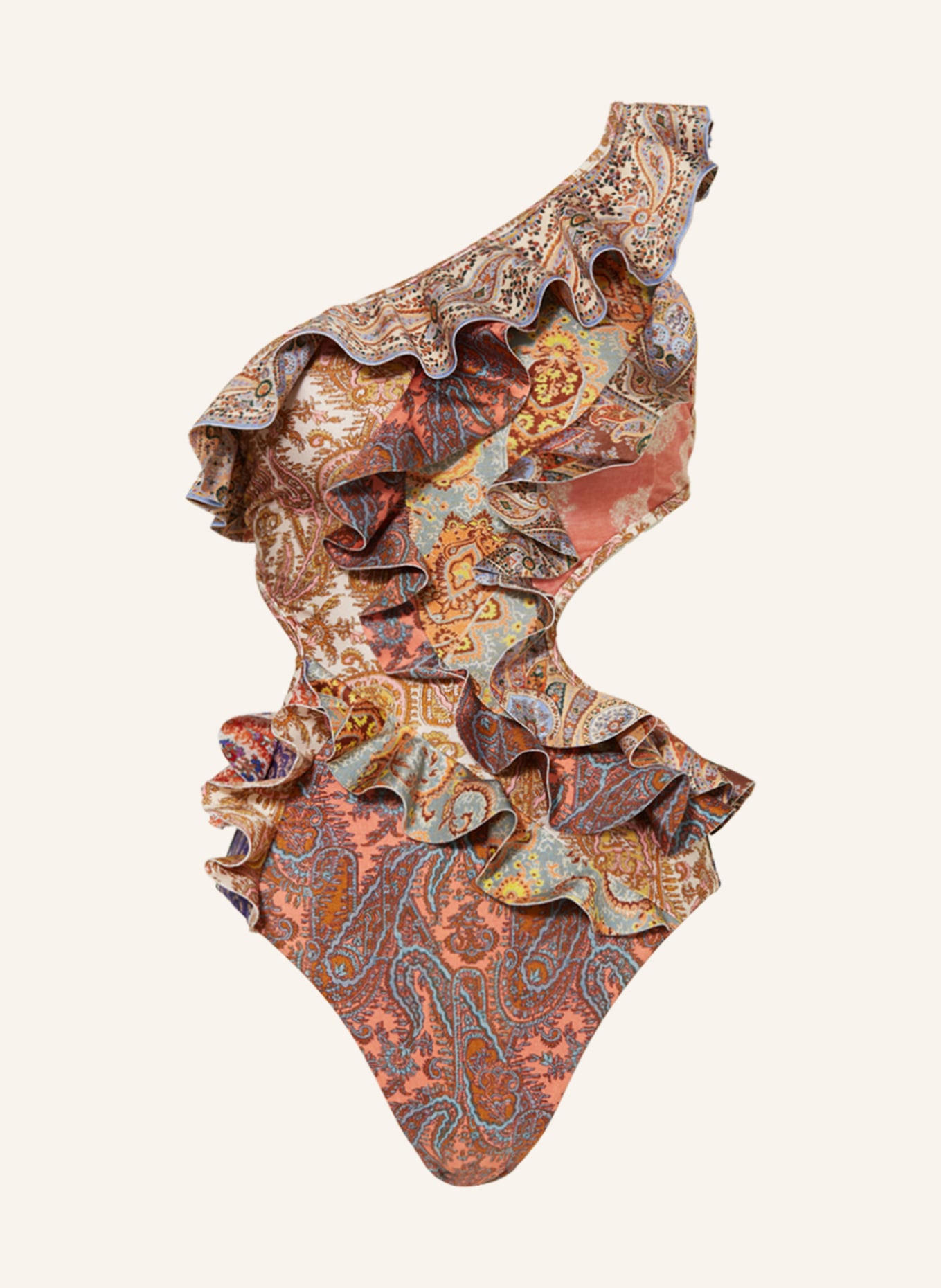 ZIMMERMANN One-Shoulder-Badeanzug DEVI, Farbe: BRAUN/ GRÜN/ LACHS (Bild 1)