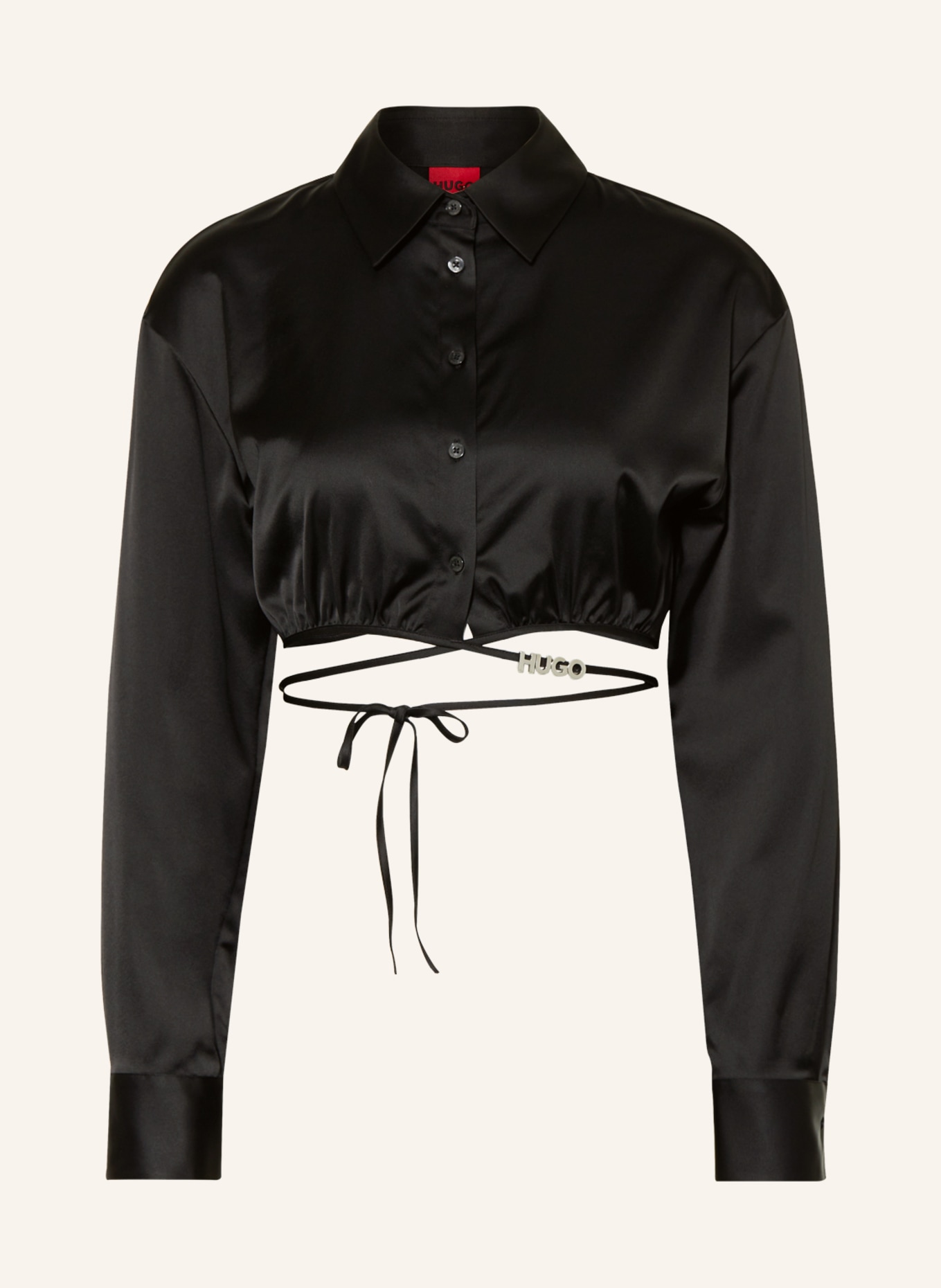 HUGO Cropped shirt blouse ELSERA in satin, Color: BLACK (Image 1)